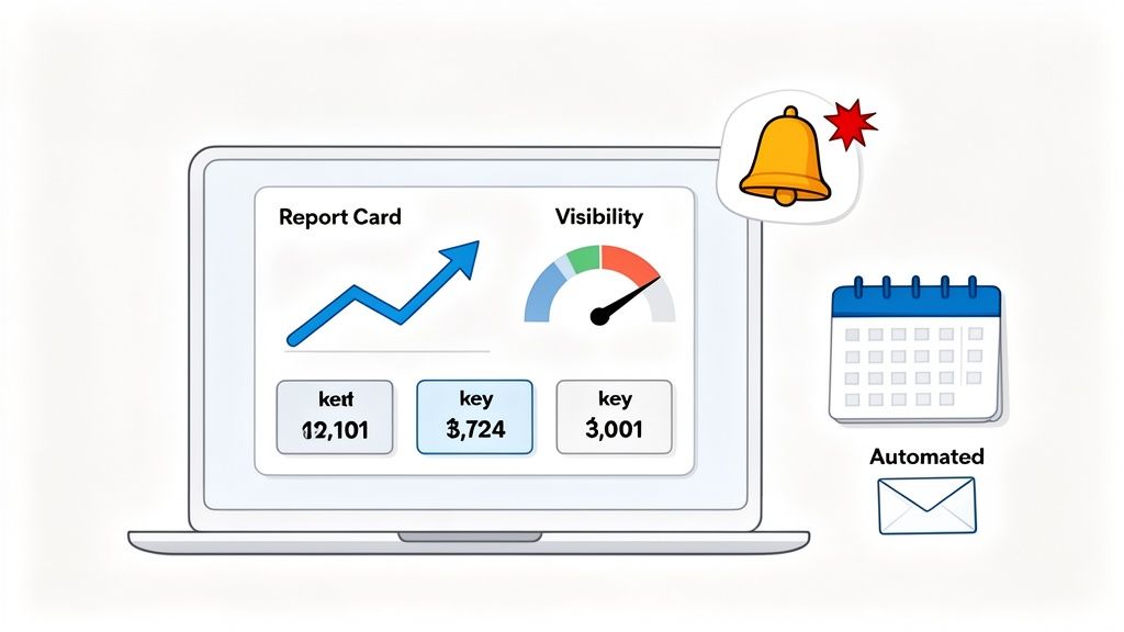 A laptop displays a digital report card with performance metrics, alongside icons for alerts, a calendar, and automated email notifications.