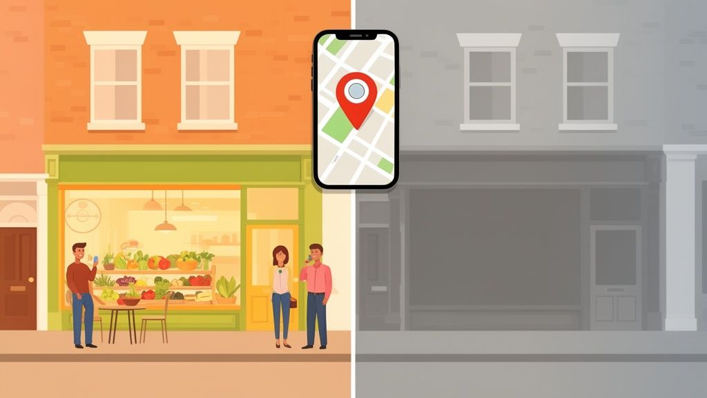 Vibrant and grayscale storefronts split by a smartphone displaying a map with a red pin.