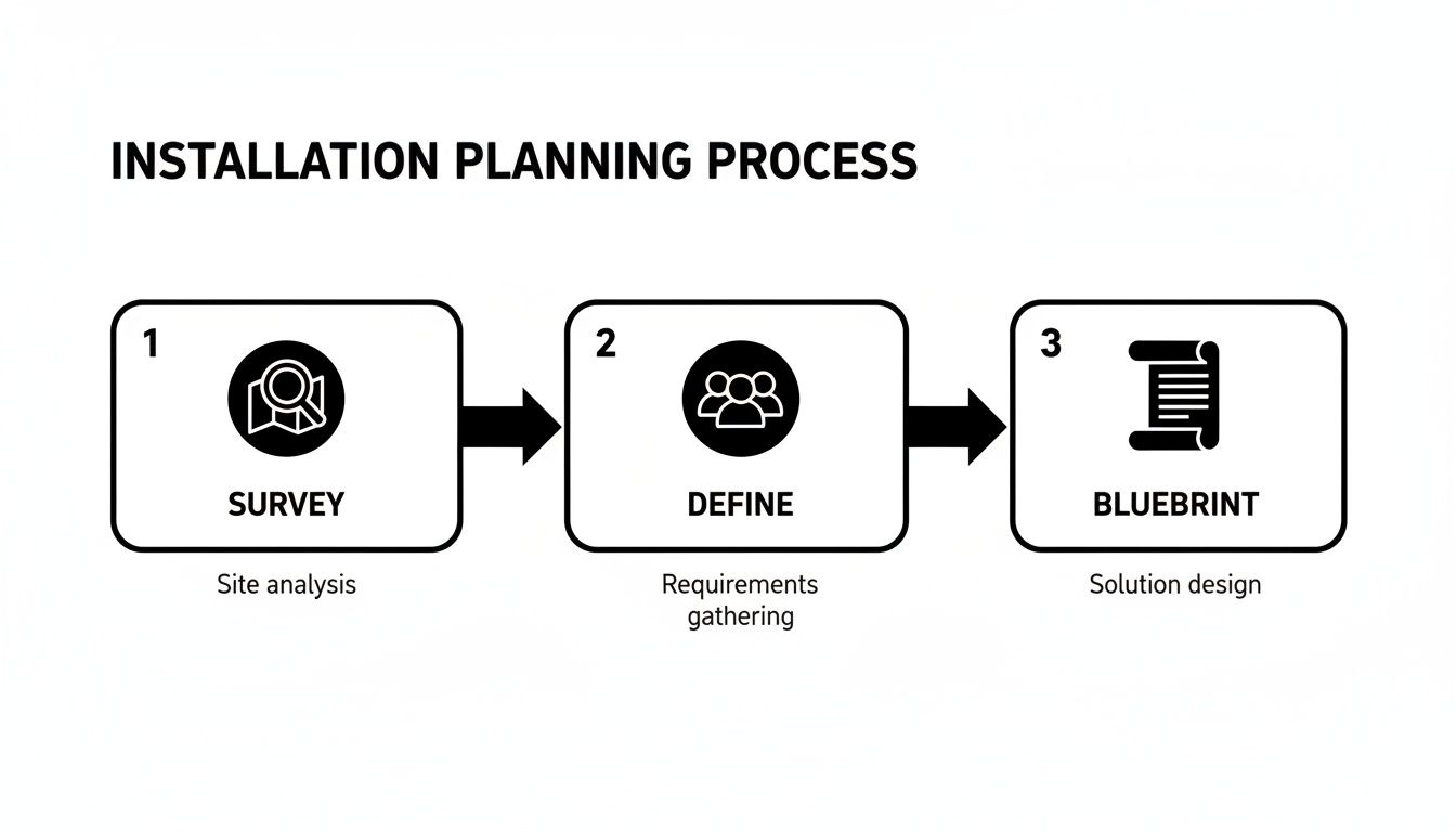 Diagram showing the 3-step installation planning process: Survey (site analysis), Define, and Blueprint (solution design).