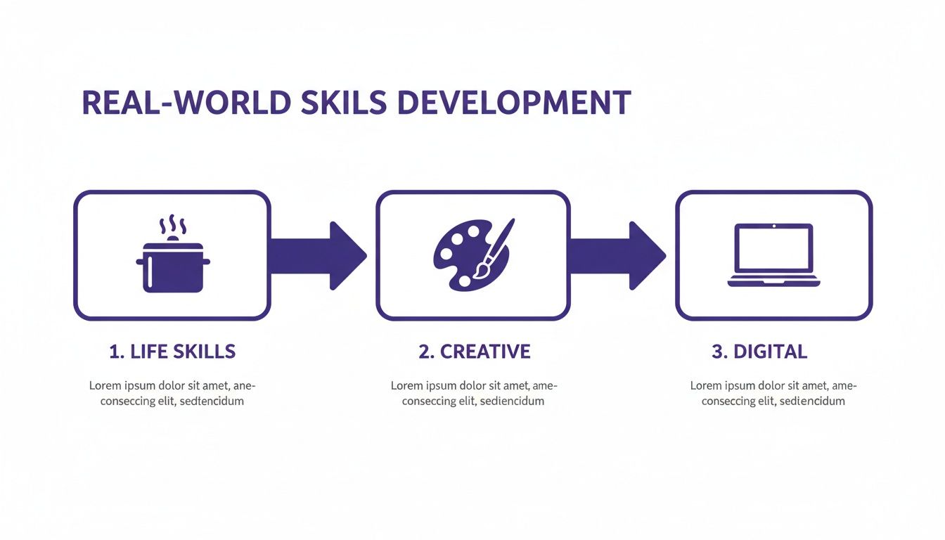 A diagram illustrating the development of real-world skills: life, creative, and digital skills progression.