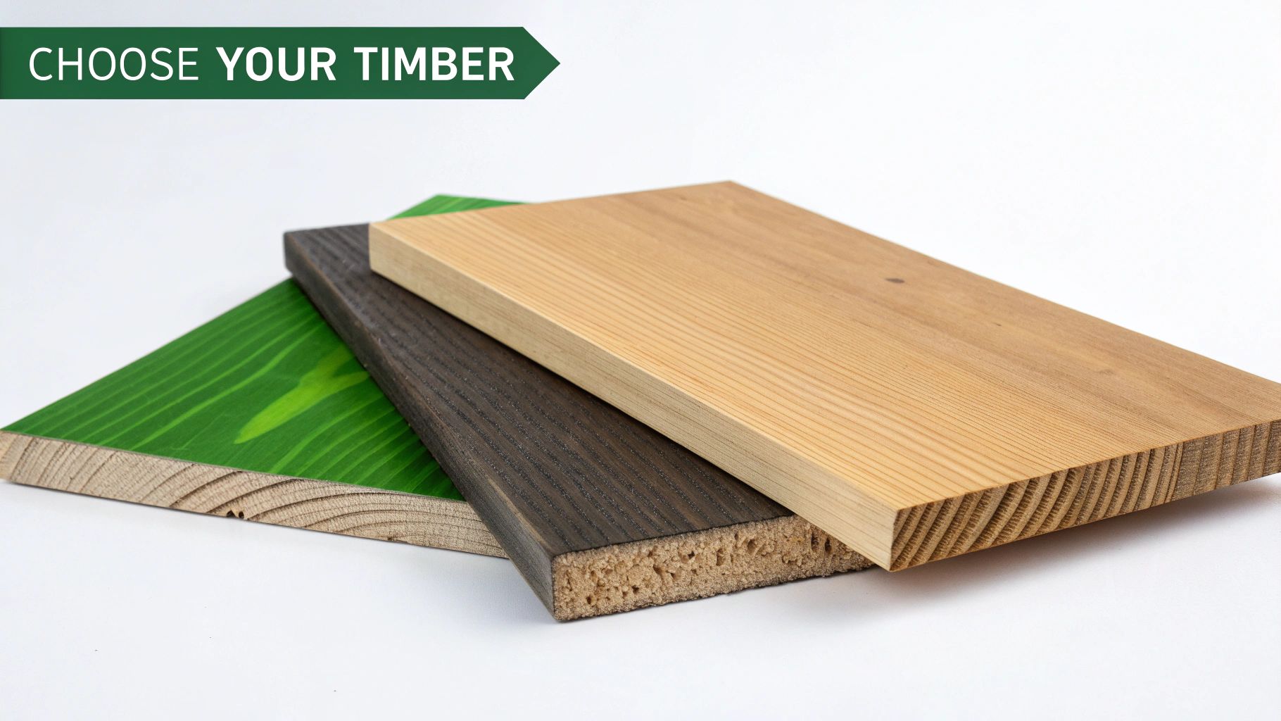 A close-up of different timber species used for cladding, showcasing various colours and grains.