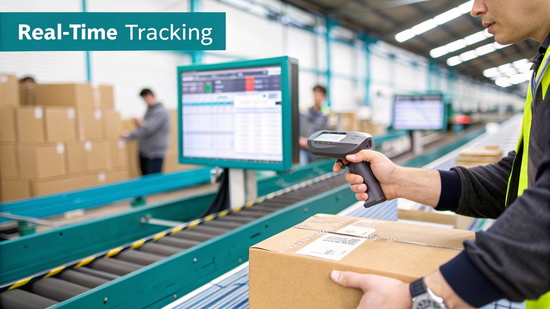 A warehouse worker using a handheld scanner to track inventory in real-time.