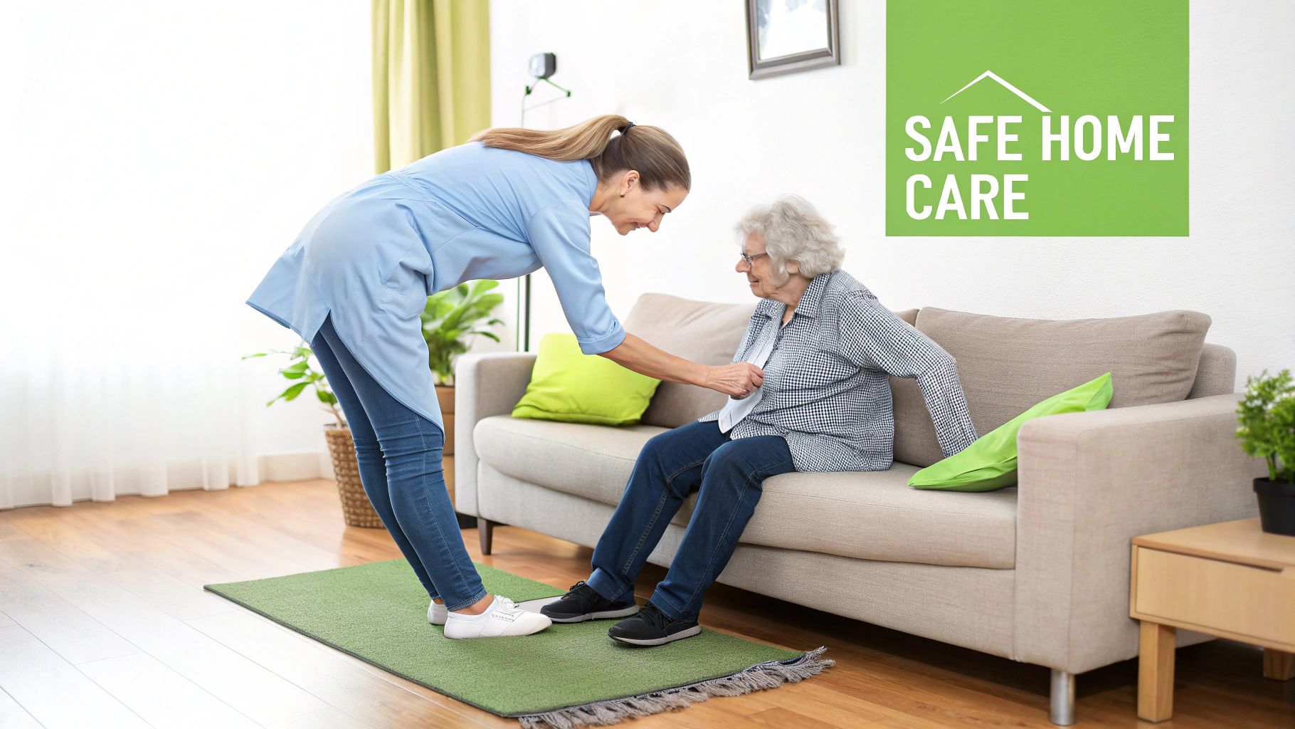 A professional carer supporting an elderly woman with a walker in her home, demonstrating a safe and supportive environment.