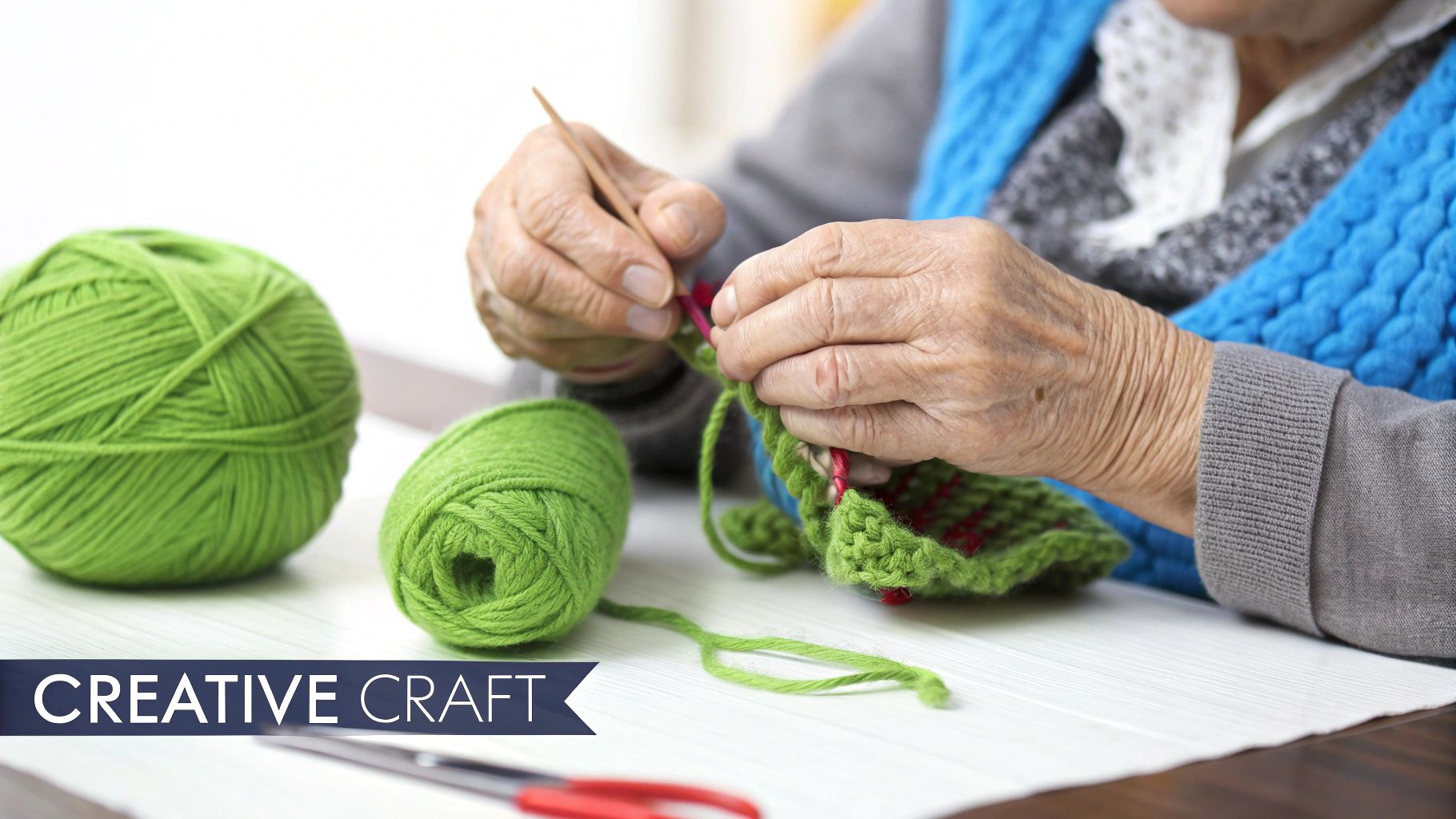 Elderly hands knitting with vibrant green yarn and wooden needles, a relaxing creative craft activity.