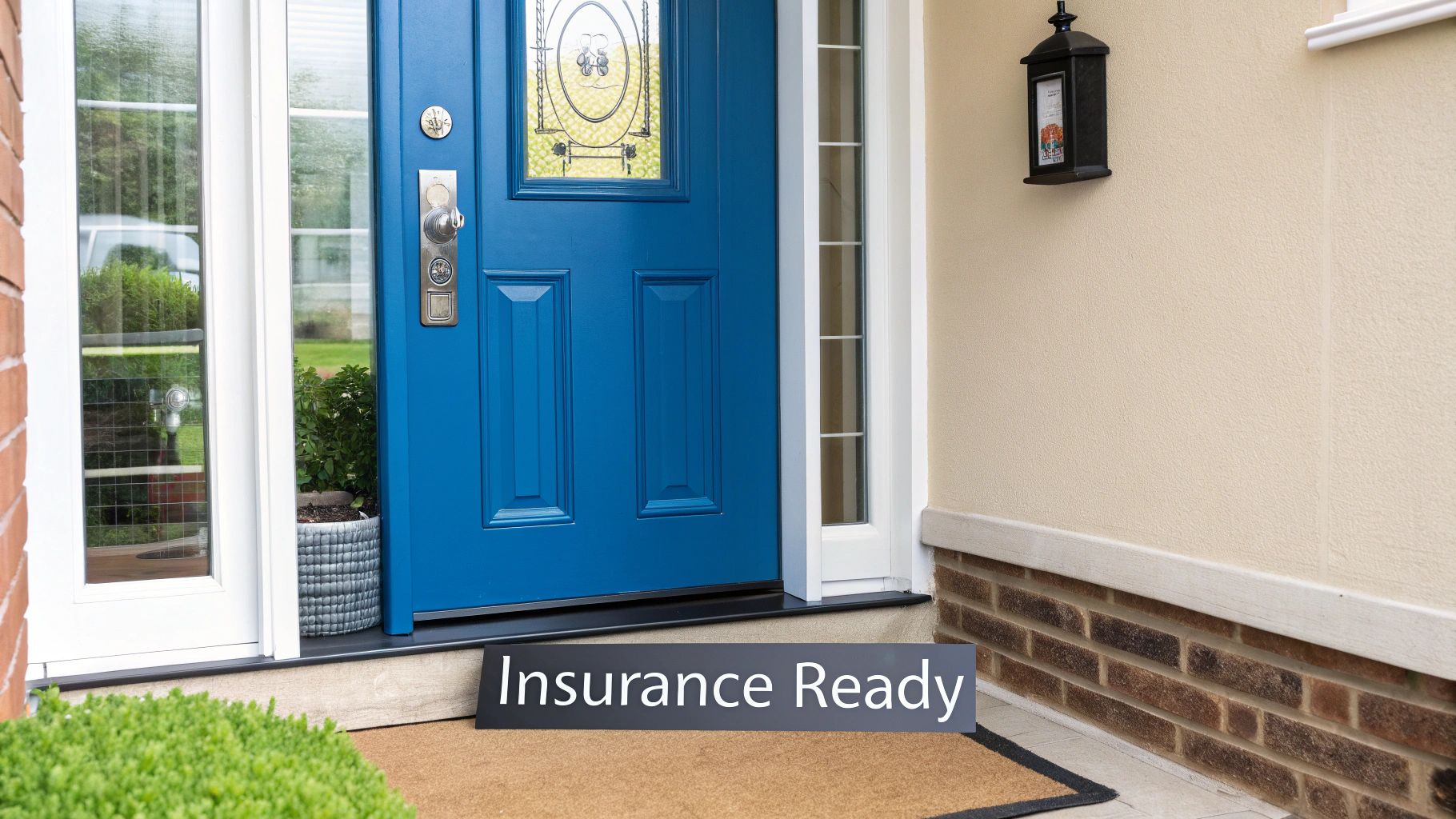 A vibrant blue front door with decorative glass and a black 'Insurance Ready' sign on the doormat, showcasing a neat home entrance.