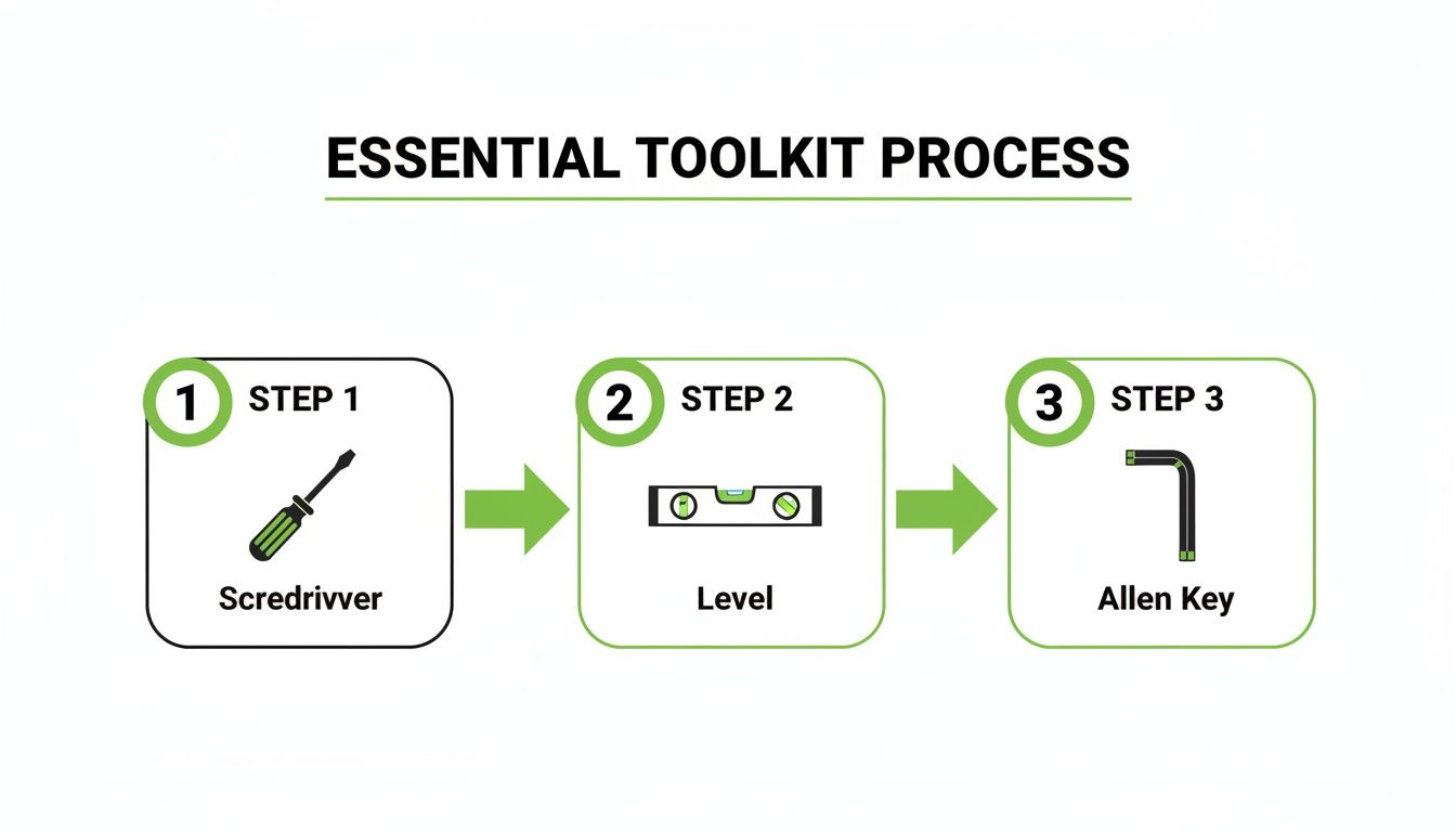 A three-step process illustrating essential toolkit tools: screwdriver, level, and Allen key.