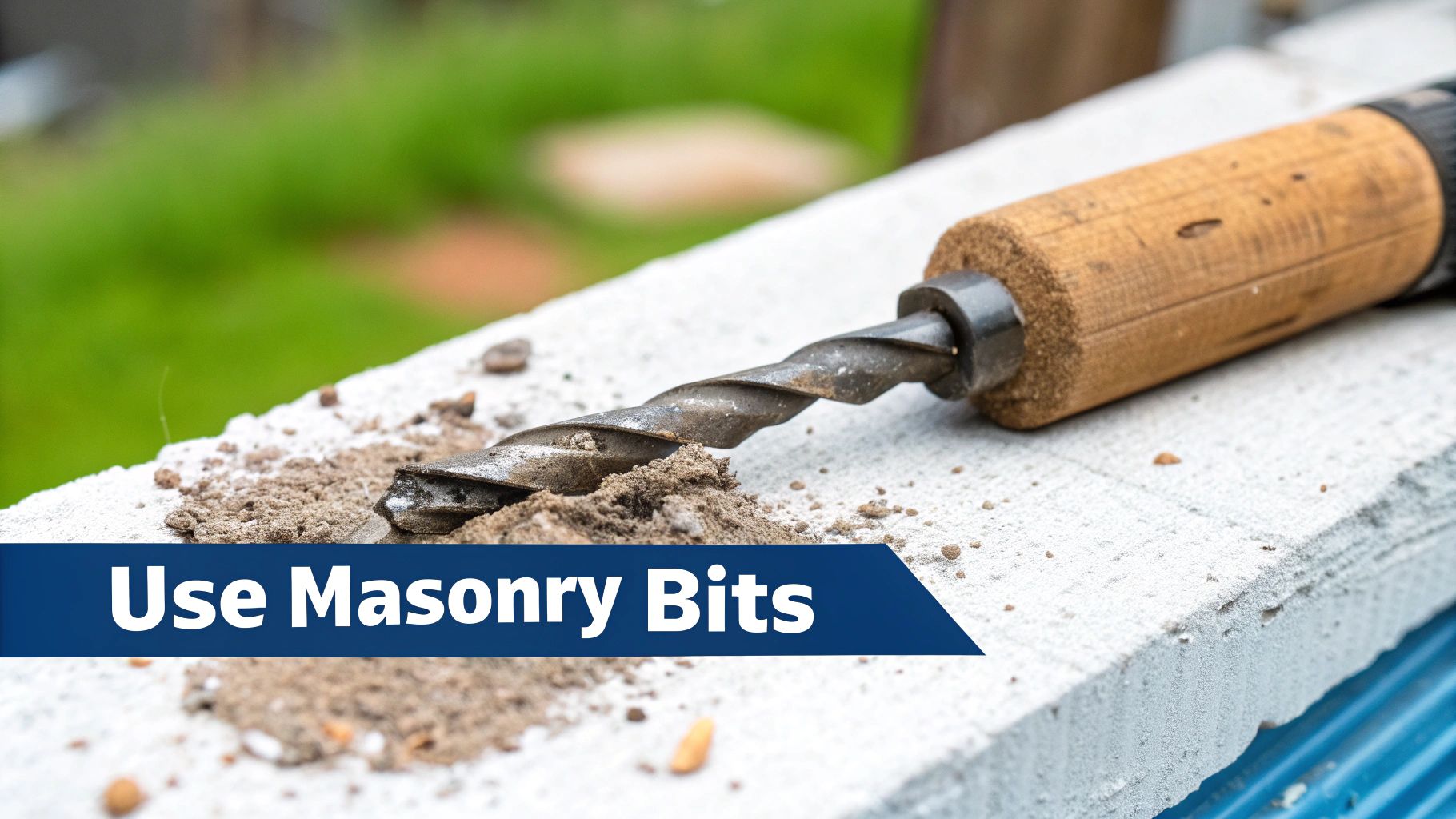 A collection of drill bits for concrete laid out on a wooden surface.
