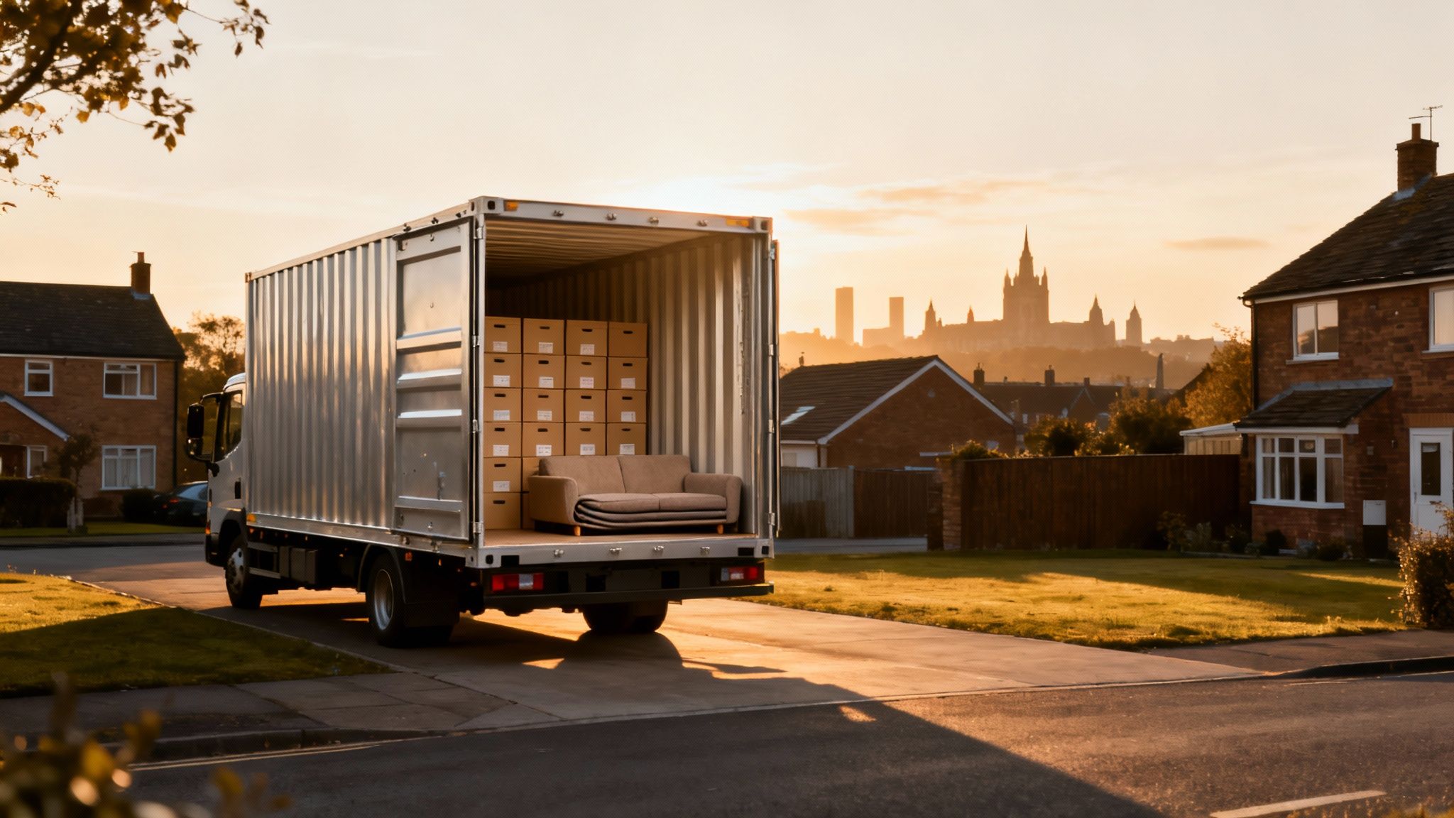 A moving truck filled with boxes and a sofa parked on a residential driveway at sunset, with a city skyline.