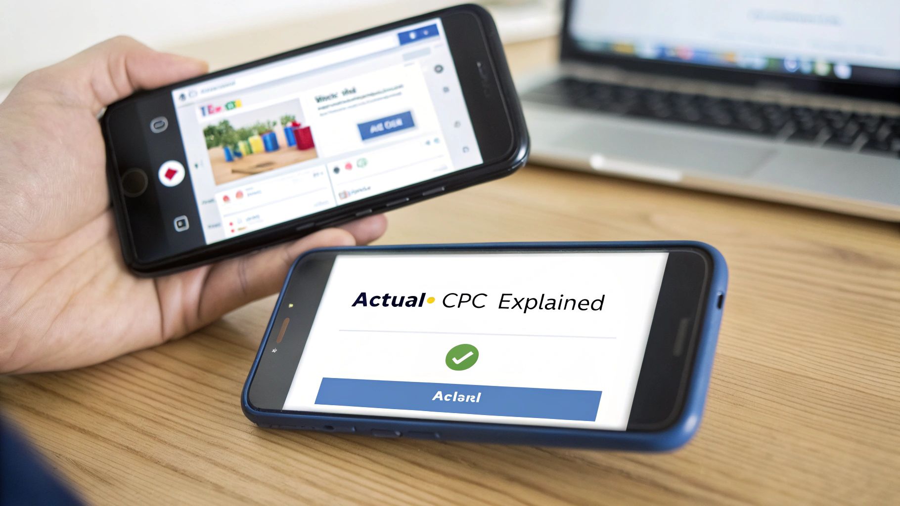 Two smartphones on a wooden desk, one displaying a social media feed, the other showing 'Actual CPC Explained'.