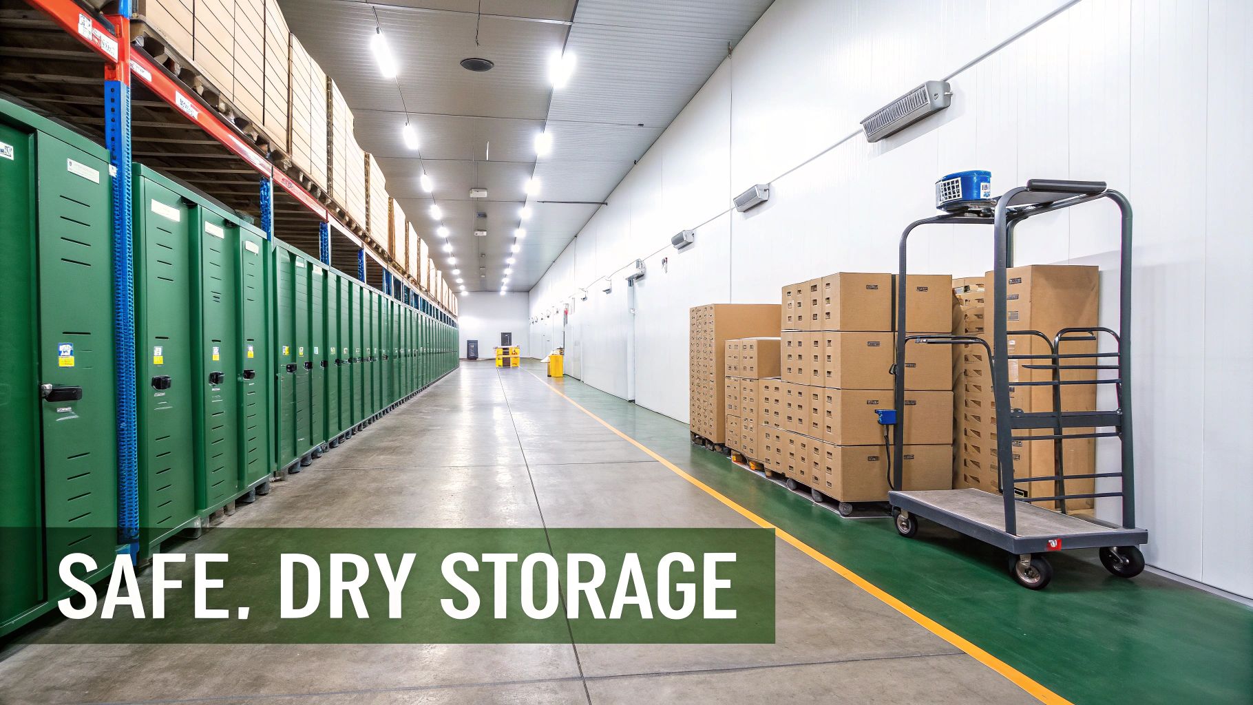 A long, well-lit warehouse aisle with green self-storage lockers, shelving, and stacked cardboard boxes.