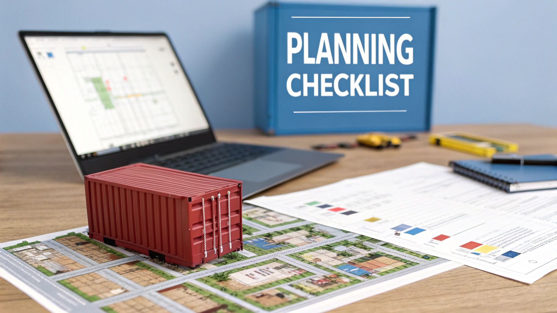 do you need planning permission for shipping container logistics planning • Do you need planning permission for shipping container in the UK? A clear guide A desk with a red shipping container model, laptop displaying a plan, and papers with charts, next to a 'PLANNING CHECKLIST' box.