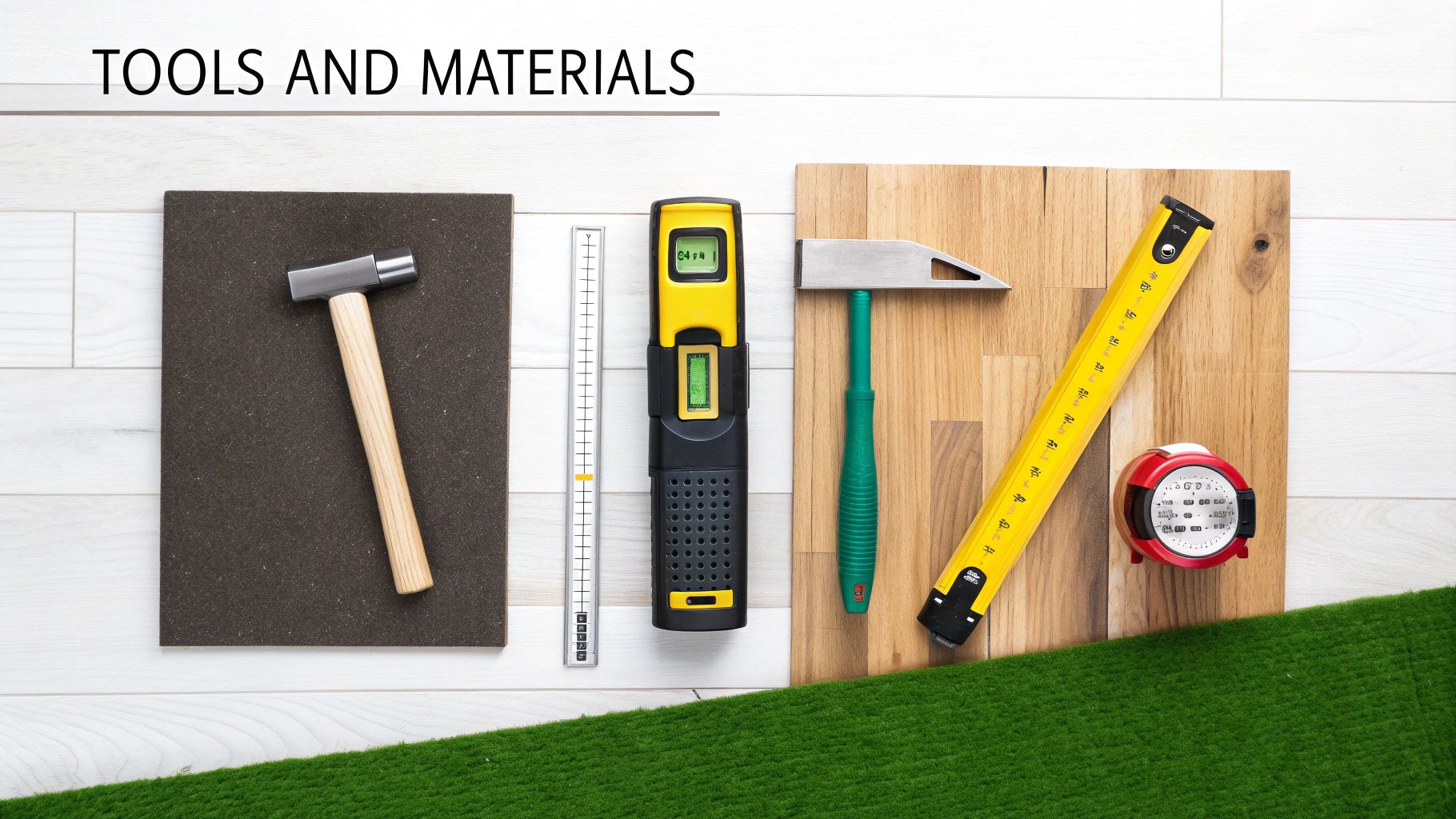 A collection of flooring tools laid out neatly on a wooden floor