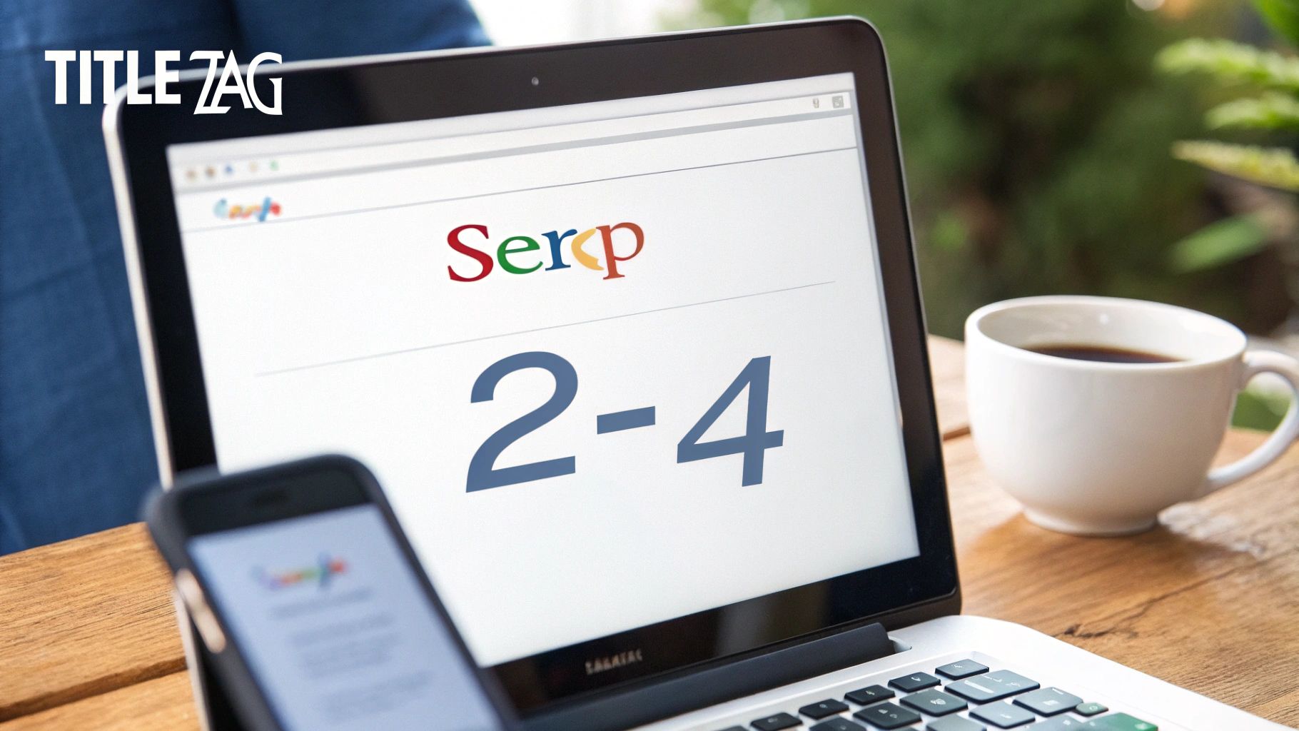 A laptop displays 'Serp 2-4' with a Google search interface, a smartphone, and a coffee cup on a wooden table, under the 'TITLE ZAG' logo.