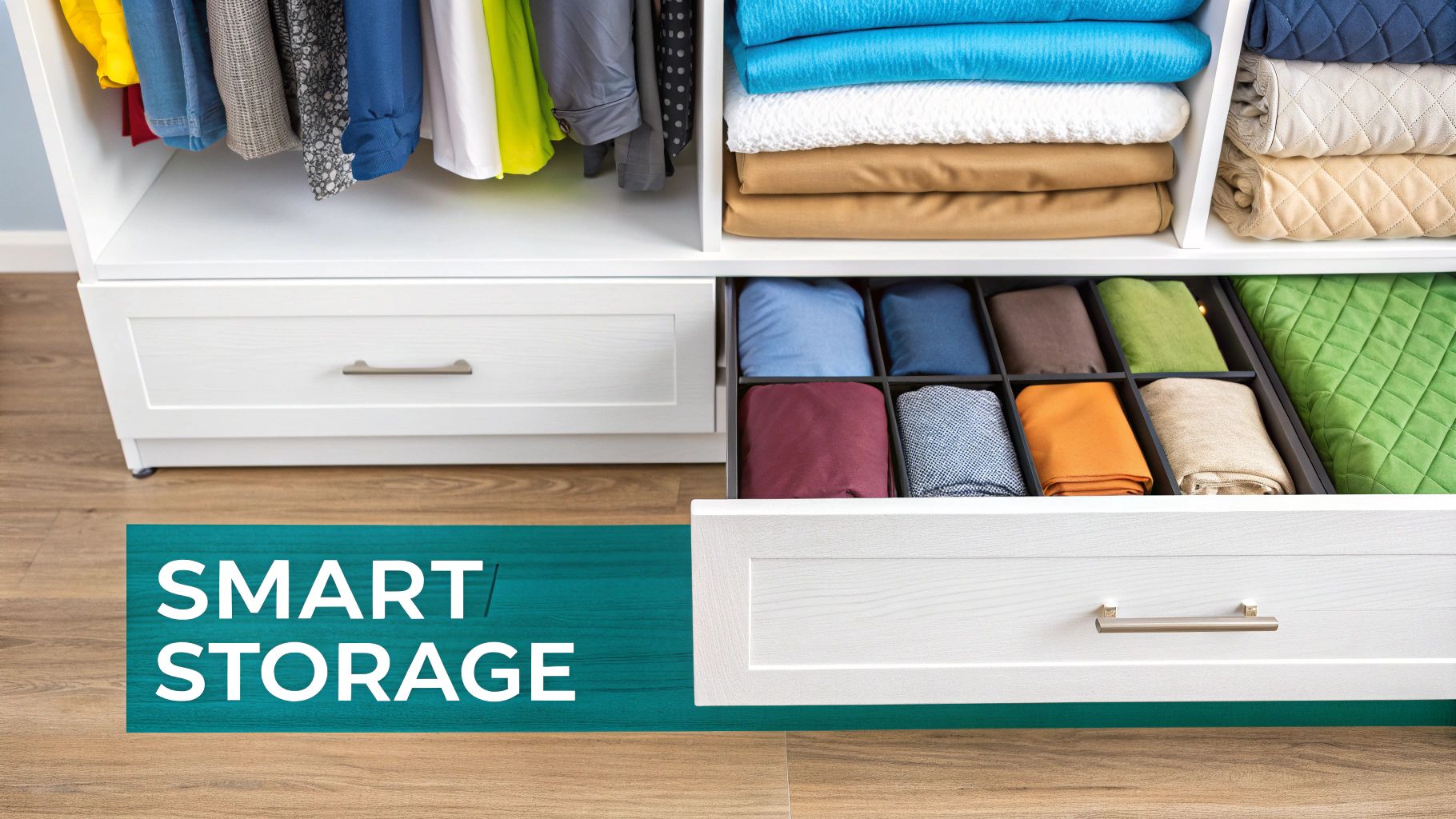 A neatly organised wardrobe with clothes on hangers and folded items on shelves
