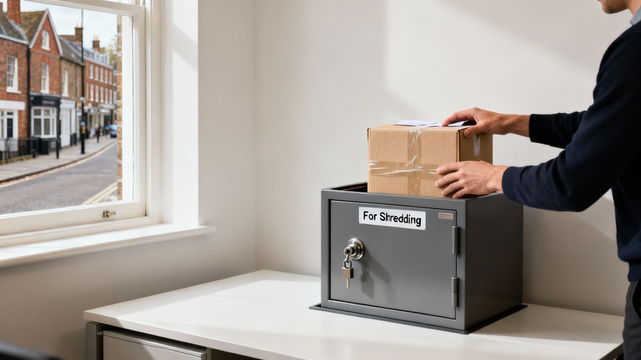A person placing a cardboard box of documents into a grey safe labeled 'For Shredding' next to a window.