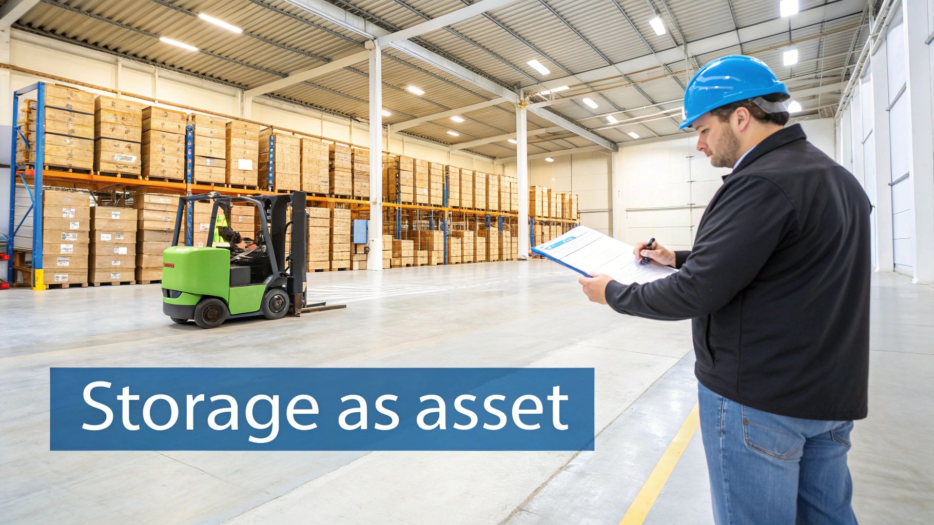 Warehouse manager with clipboard inspecting inventory in modern storage facility with forklift and pallets