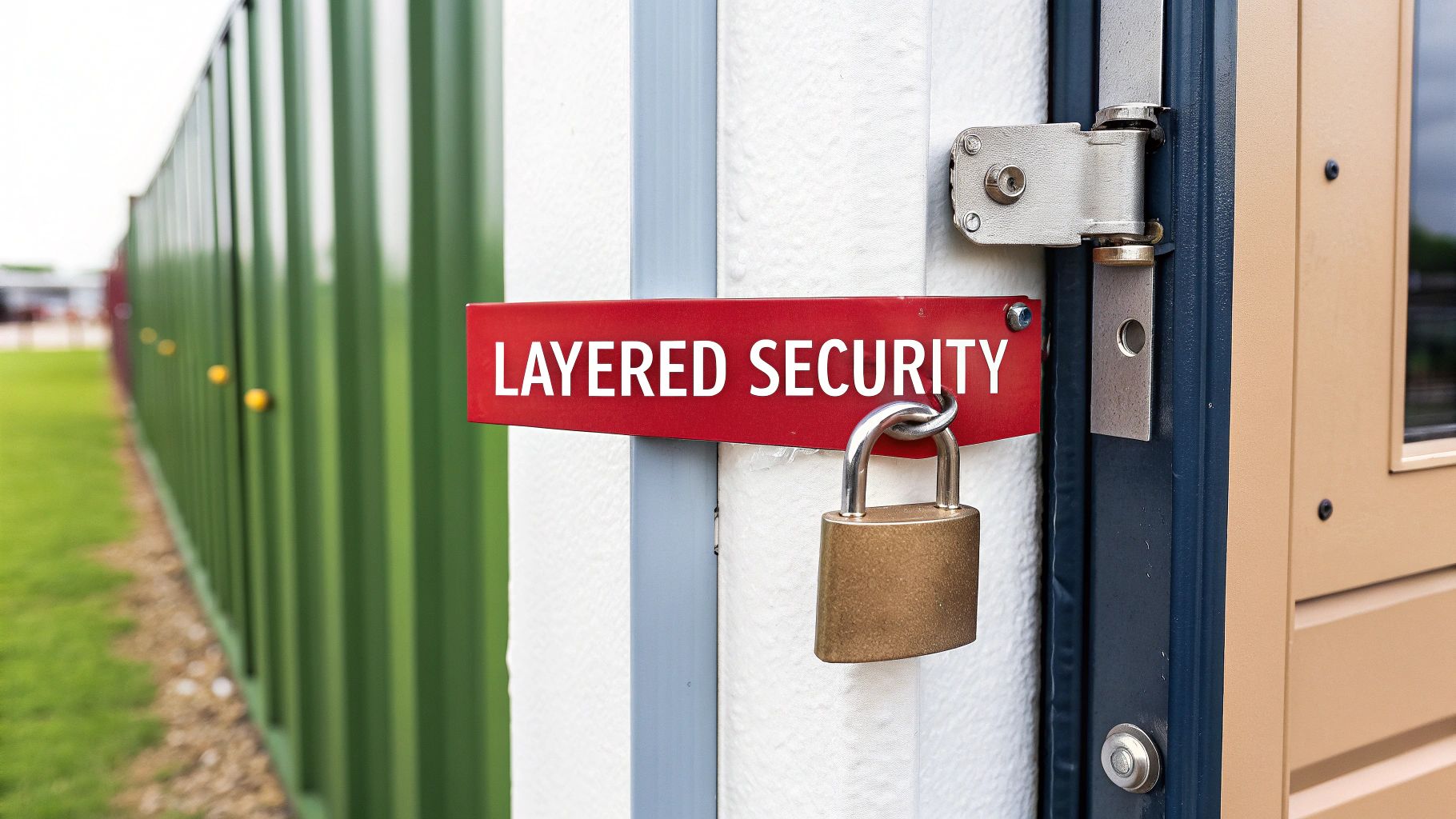 A red sign reading 'LAYERED SECURITY' on a white wall, secured by a gold padlock, next to green containers.