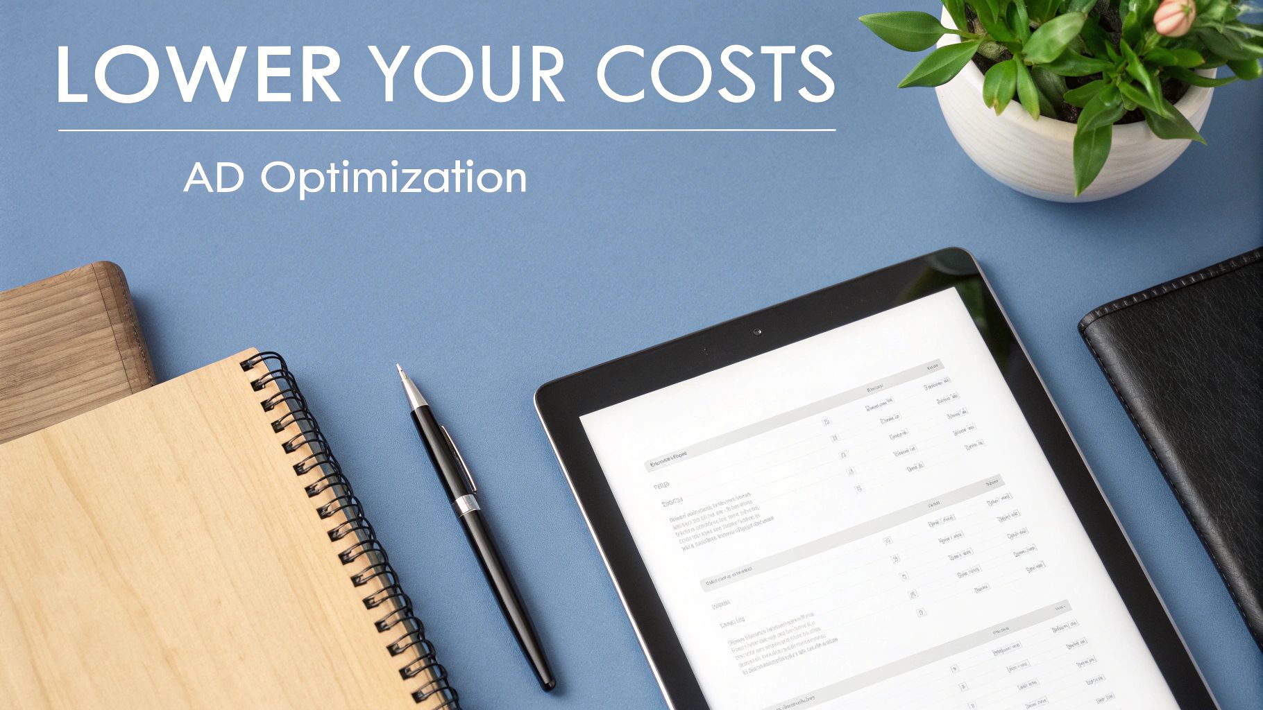 A desk flat lay with a tablet, notebook, pen, and plant, displaying 'LOWER YOUR COSTS AD Optimization' text.