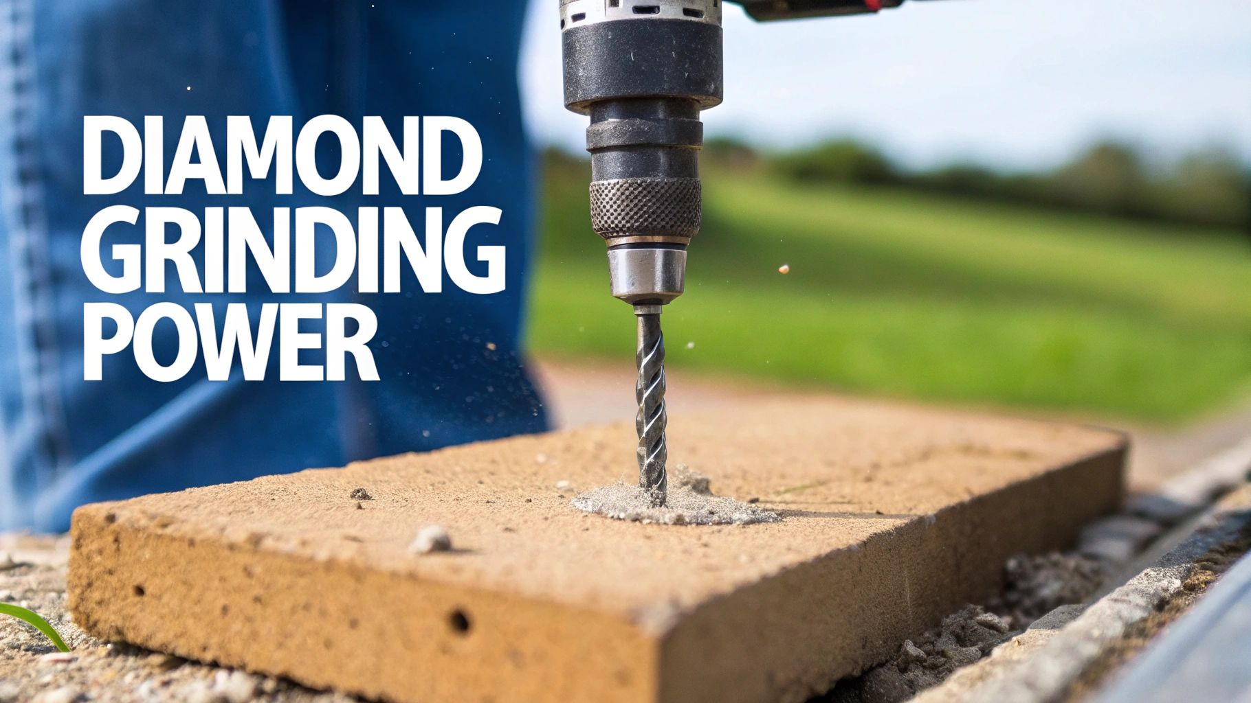 Close-up of a power drill with a diamond bit creating a hole in a light brown concrete block.