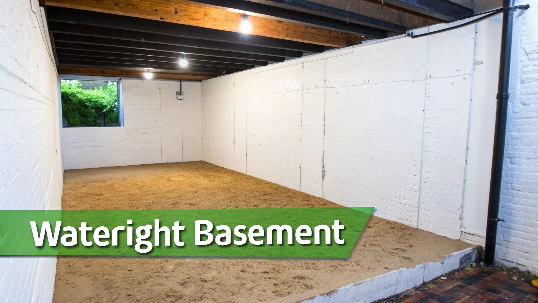 Empty basement with white painted walls, exposed ceiling joists, and dirt floor requiring waterproofing treatment