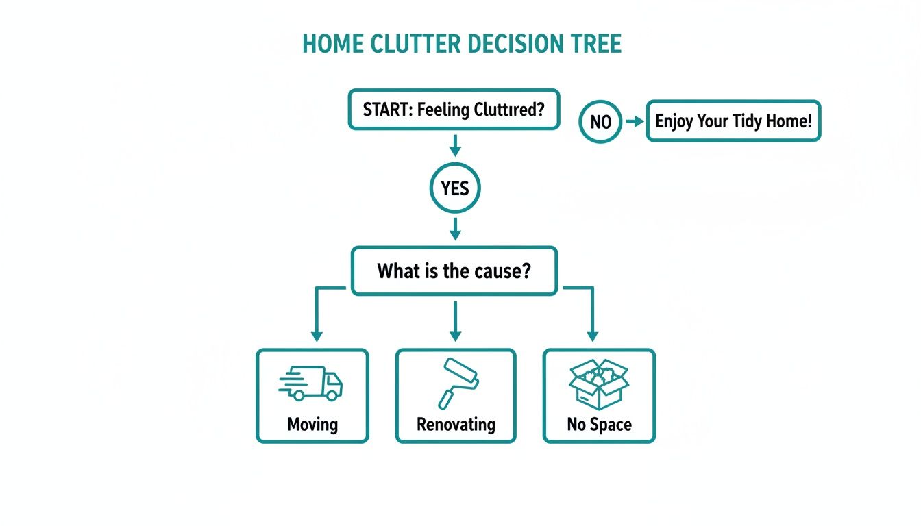 A home clutter decision tree flowchart. It starts with 'Feeling Cluttered?' leading to 'Yes' or 'No'. 'No' leads to 'Enjoy Your Tidy Home!'. 'Yes' leads to 'What is the cause?' which branches to 'Moving', 'Renovating', or 'No Space'.