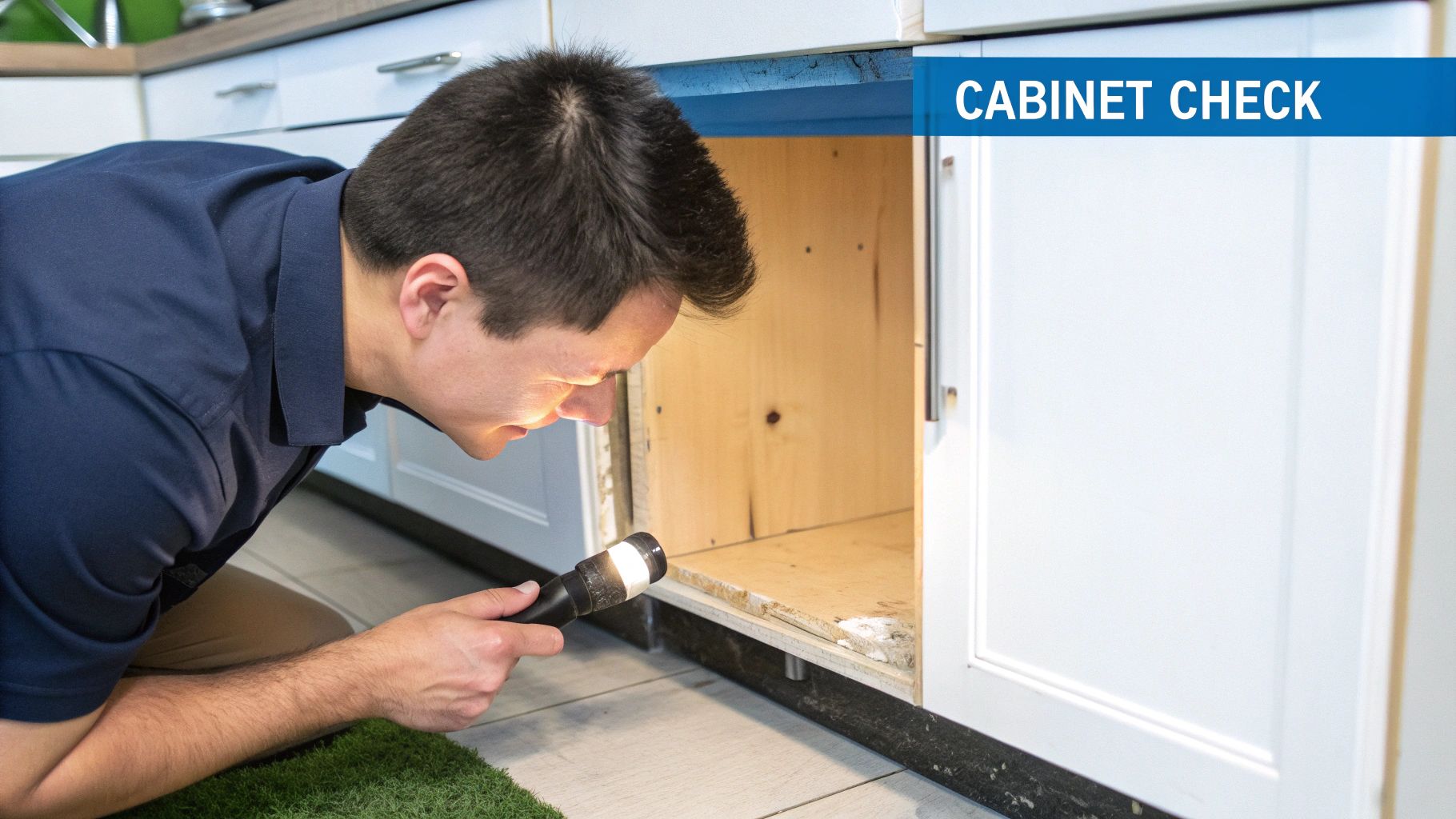 A man carefully inspects the inside of an open kitchen cabinet with a flashlight.