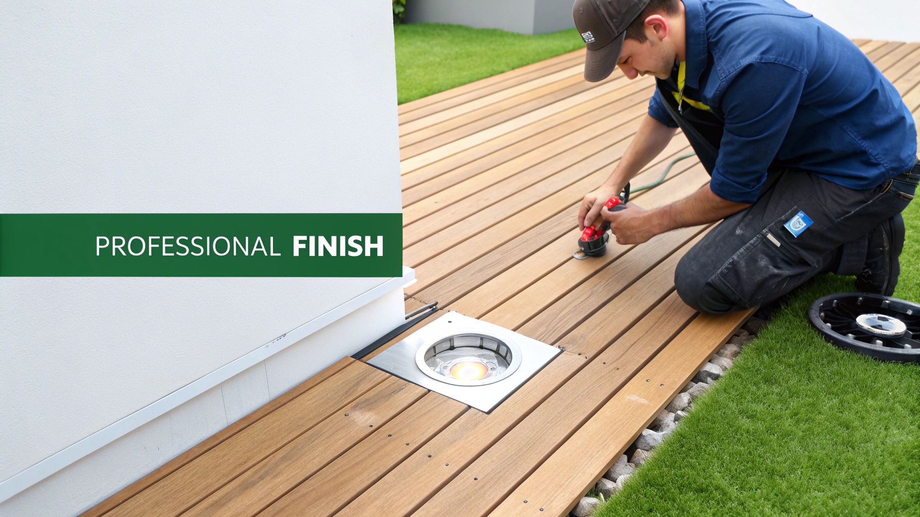 A professional installing an outdoor deck light on a wooden patio with green grass.