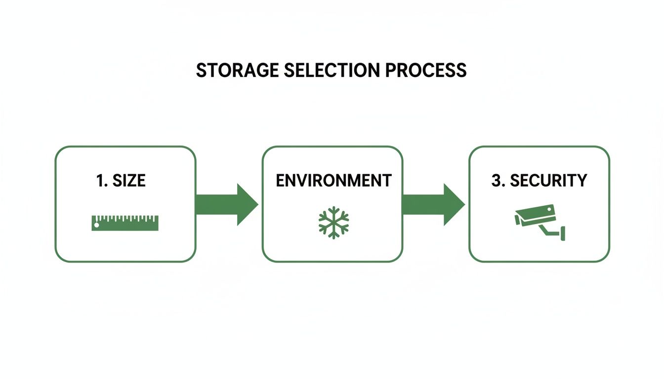 Diagram illustrating the storage selection process with steps for size, environment, and security.