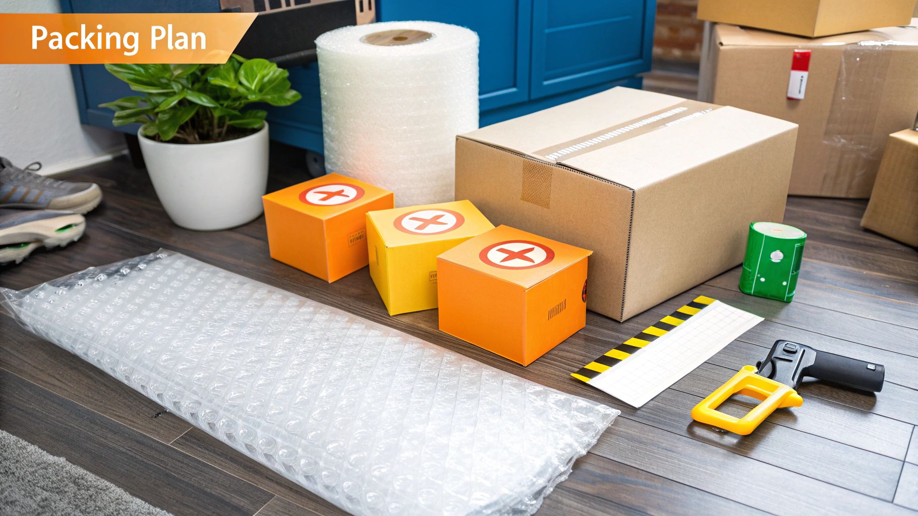 An organised collection of packing supplies including cardboard boxes, bubble wrap, and packing tape ready for use.