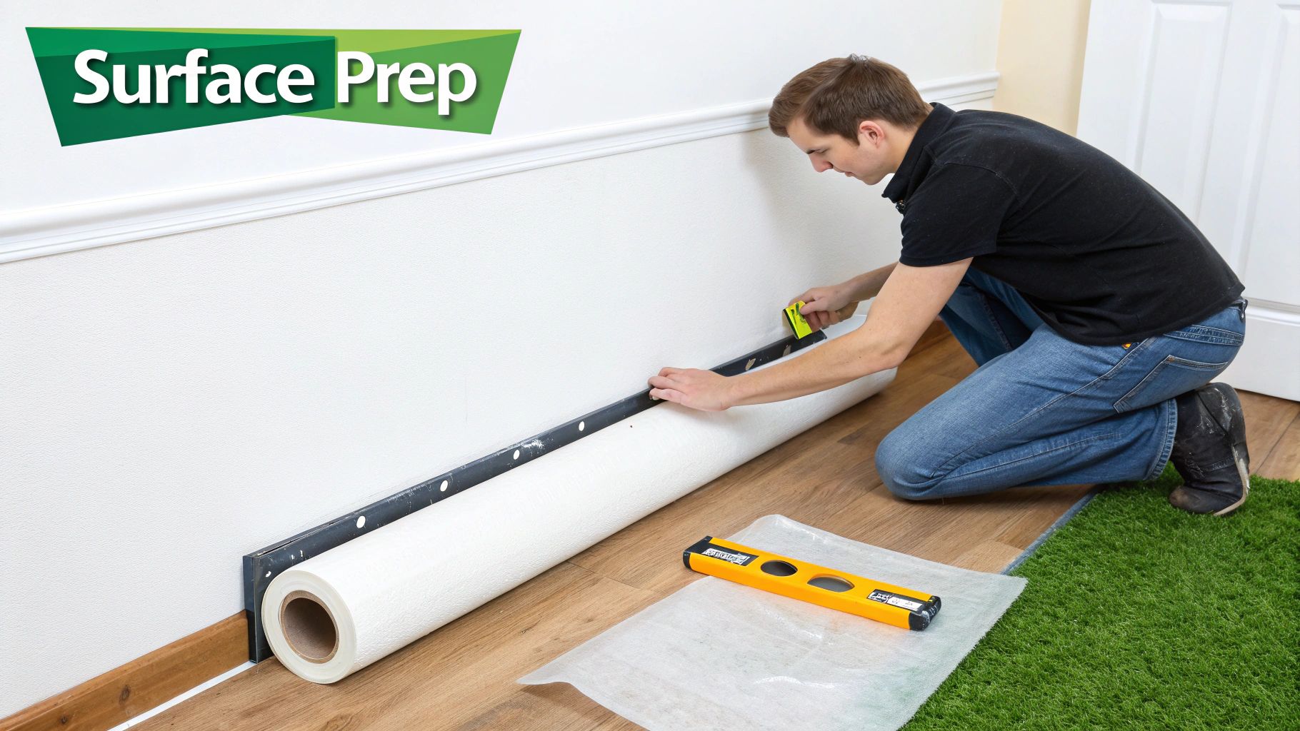 A person using a roller to apply a waterproof membrane to a bathroom wall before tiling.