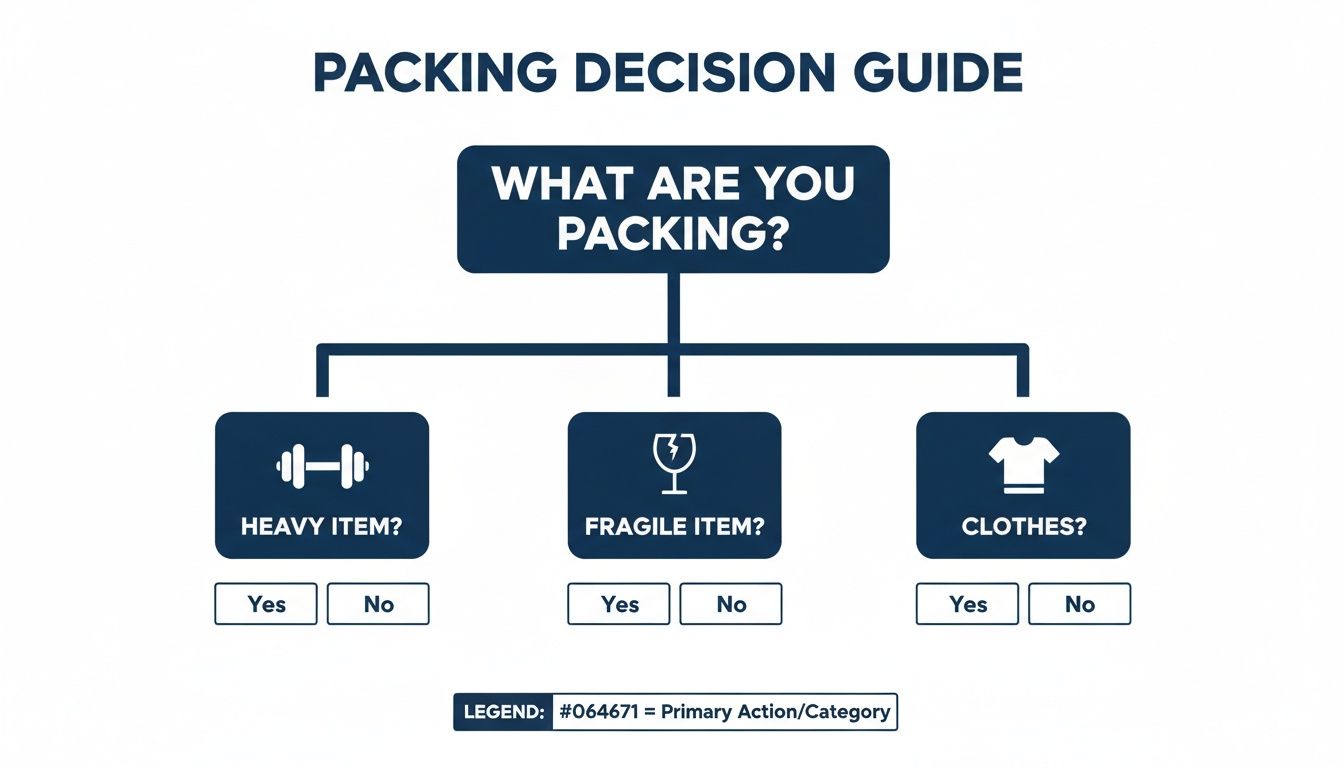 A packing decision guide flowchart helping determine how to pack heavy, fragile, or clothes items.