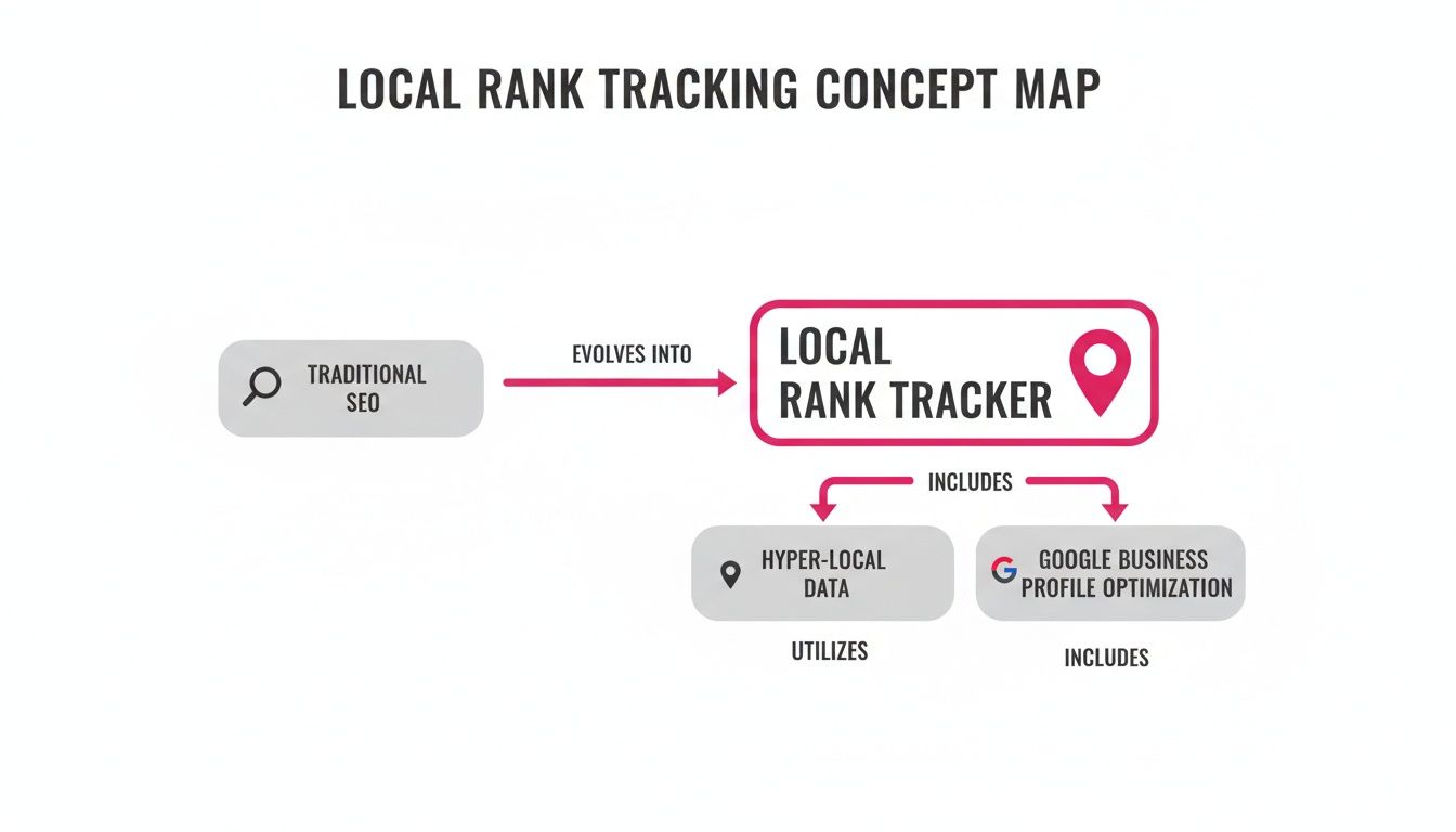 Concept map showing traditional SEO evolving into a local rank tracker, including hyper-local data and Google Business Profile optimization.