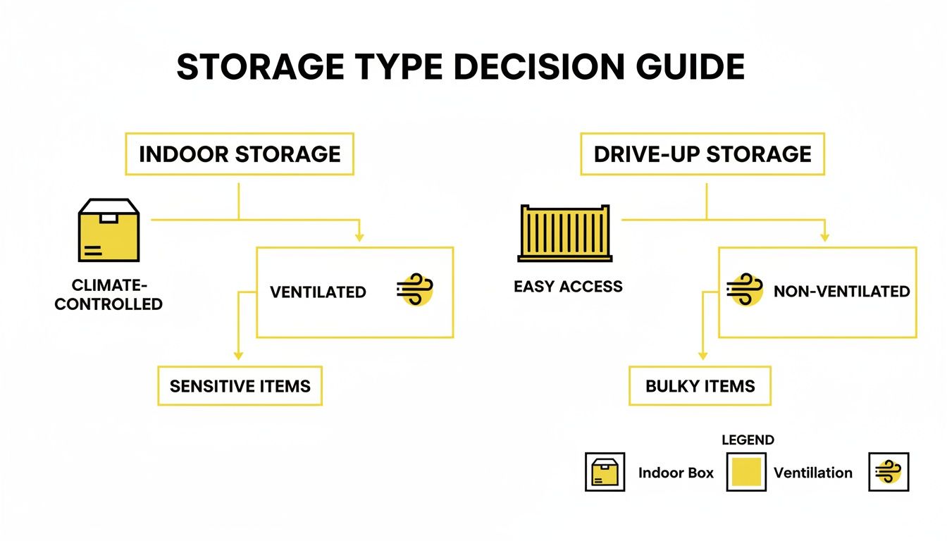 Flowchart guiding storage type decisions: Indoor (climate-controlled, ventilated) for sensitive items, or Drive-Up (easy access, non-ventilated) for bulky items.