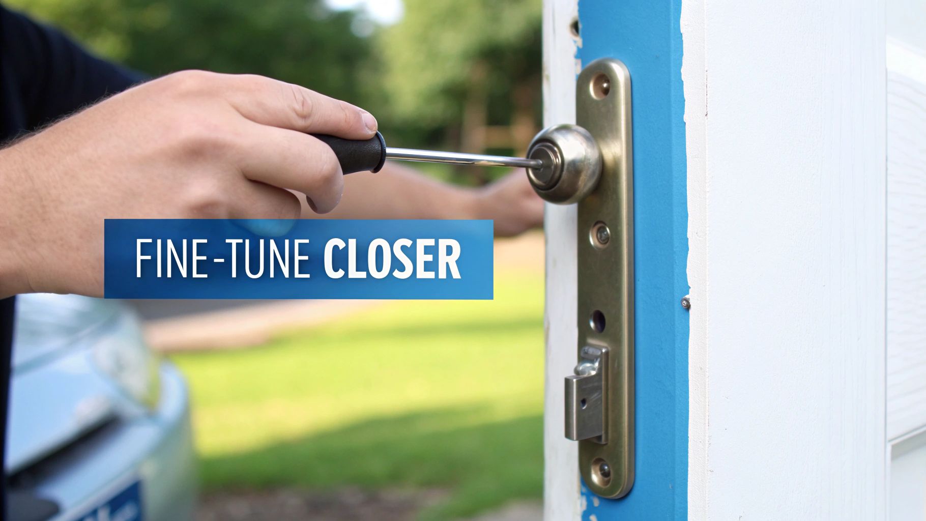 A person using an Allen key to adjust a silver door closer.