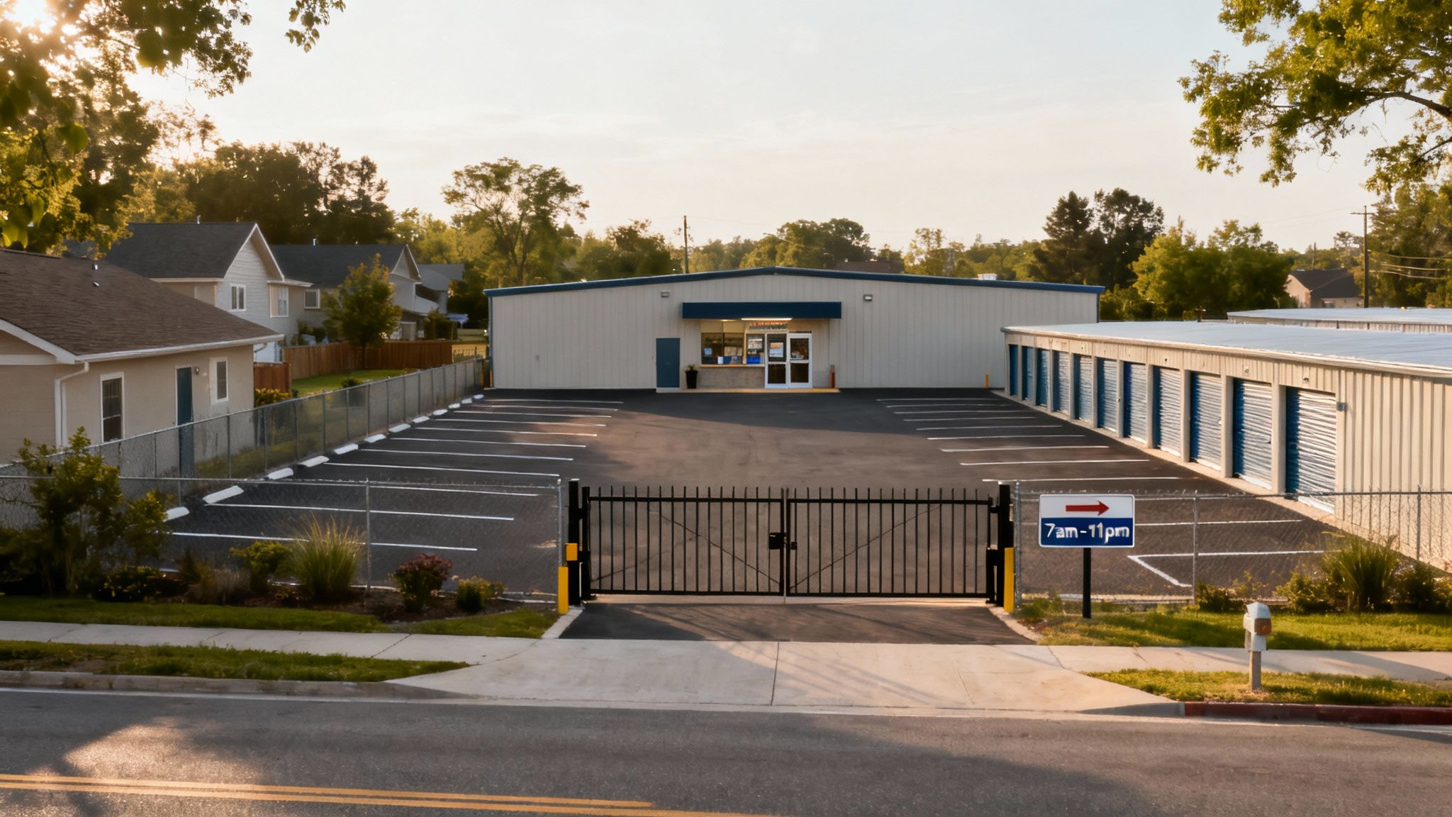 A secure self-storage facility with multiple buildings, a large parking lot, and gated entrance at sunset.