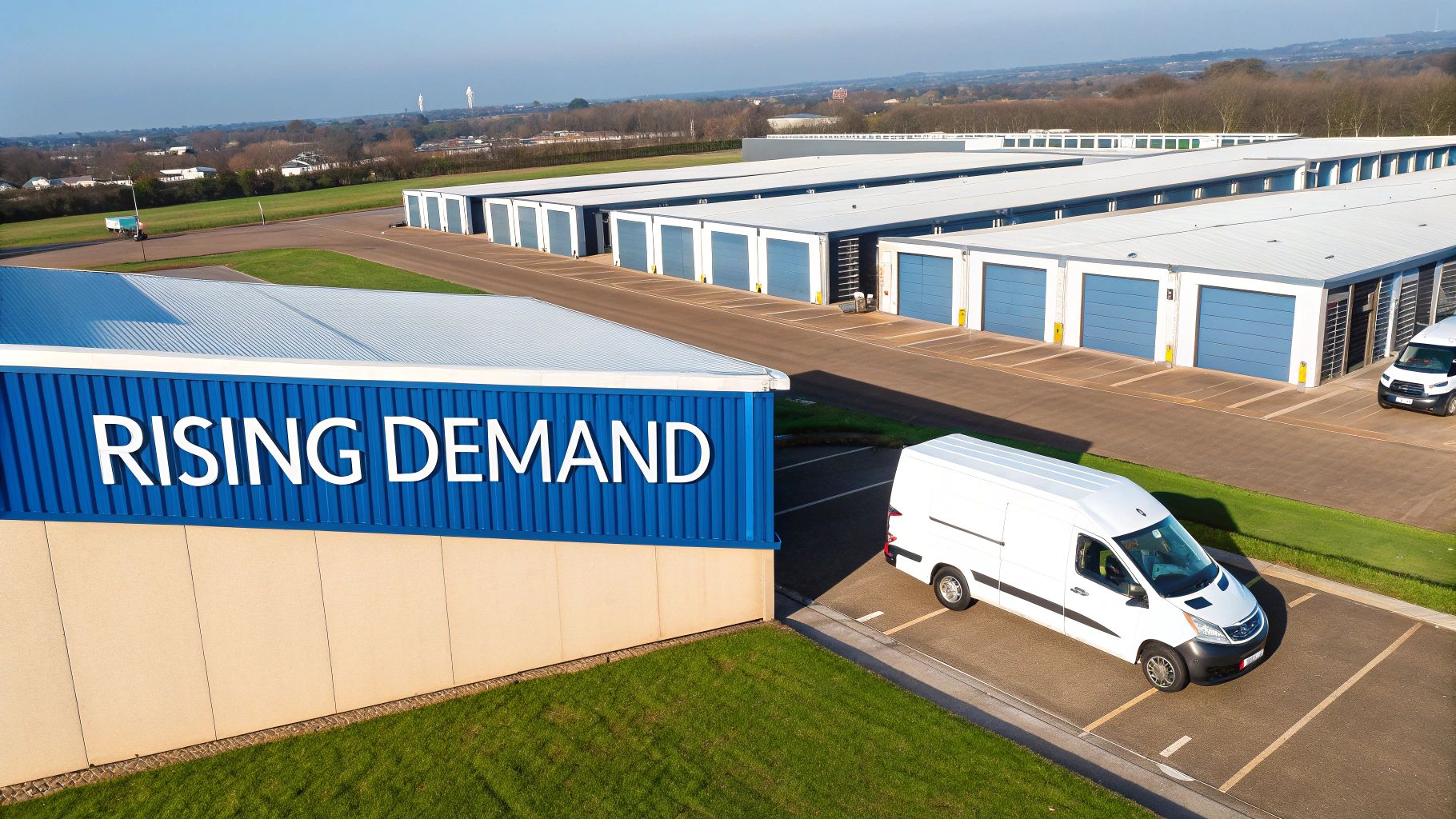 Aerial view of a modern self-storage facility with many units and a prominent 'Rising Demand' sign.
