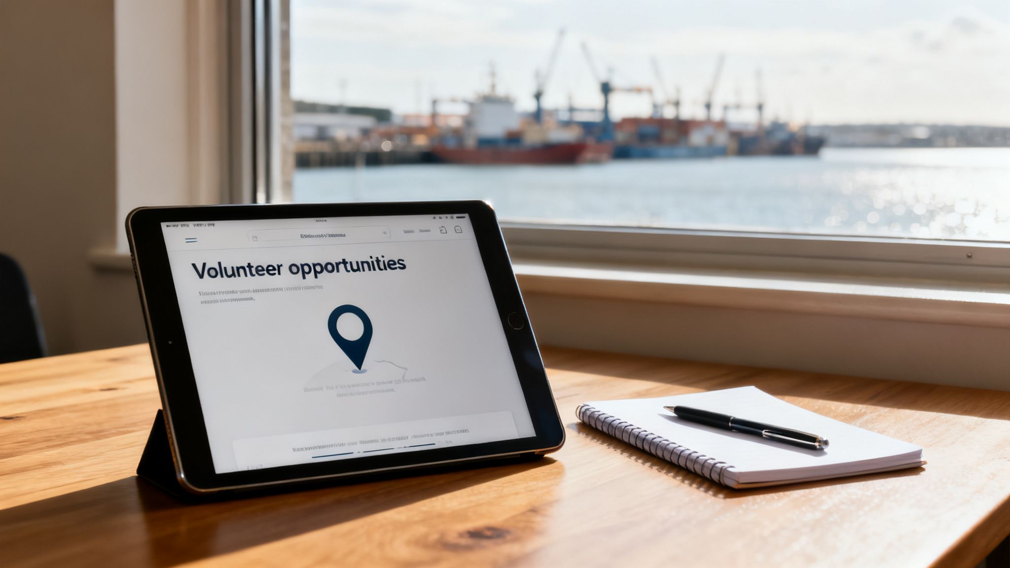 Tablet displaying 'Volunteer opportunities' on a wooden desk with a harbor view, alongside a notebook and pen.