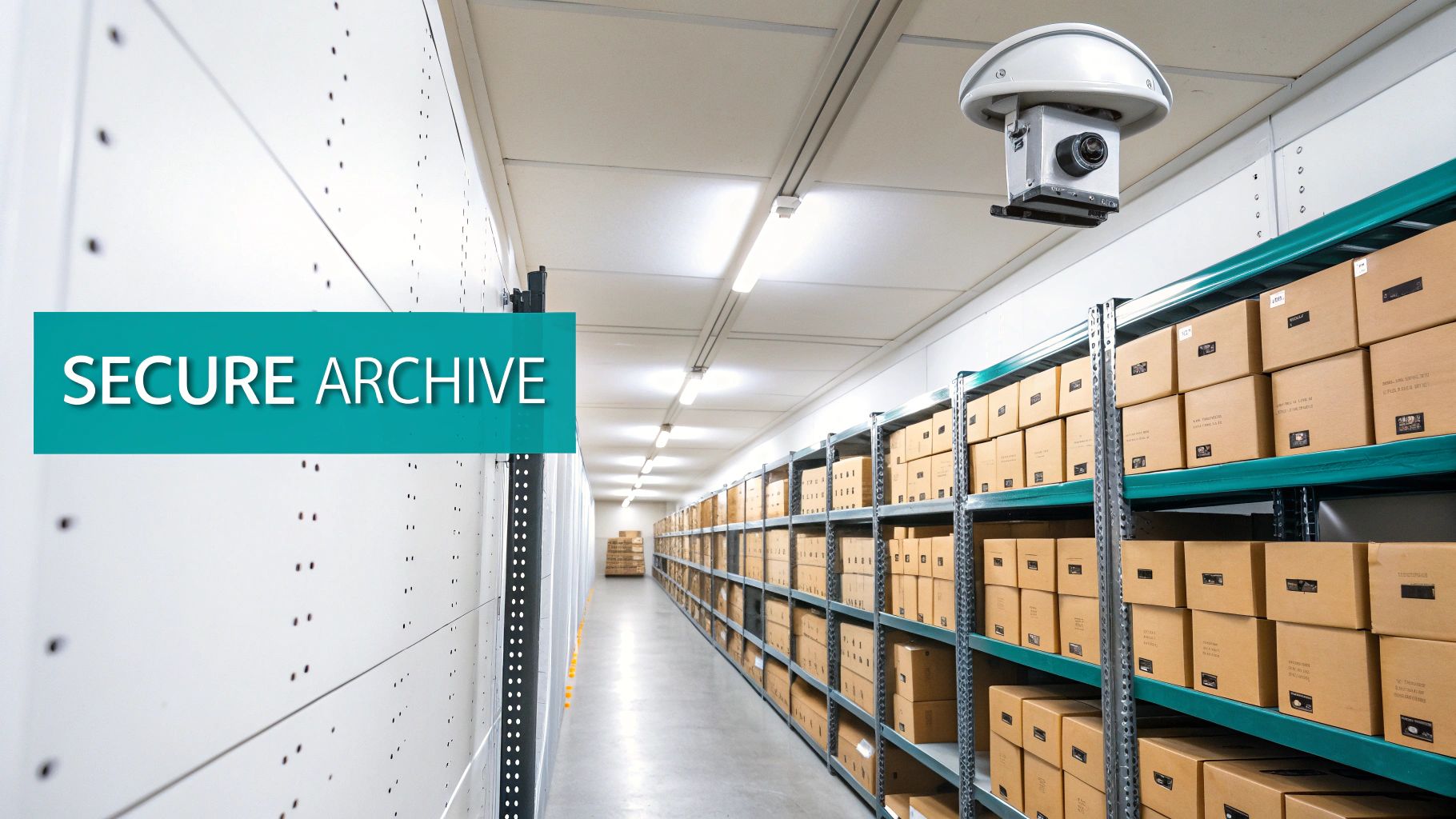 A long aisle in a secure archive facility with shelves full of labeled brown boxes and a security camera.