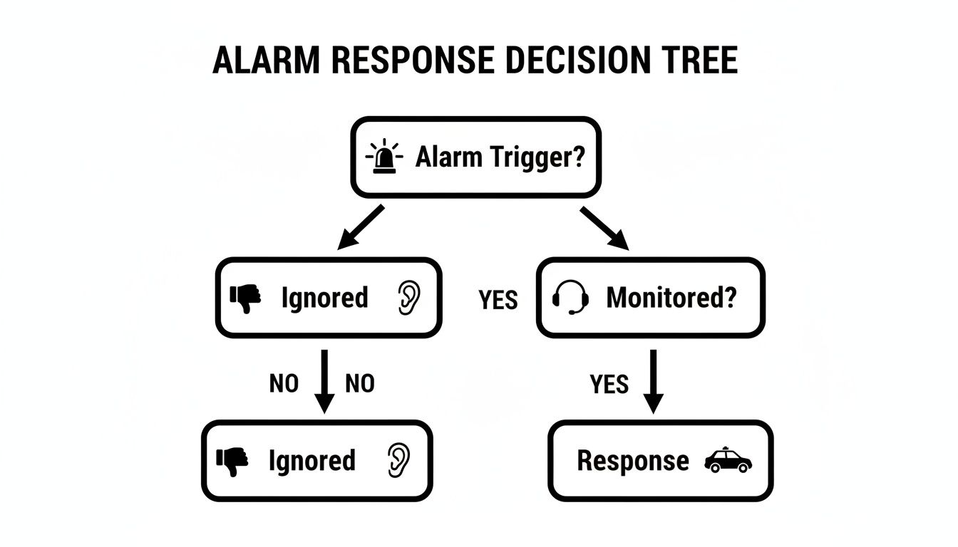 Flowchart detailing alarm response decisions: monitored triggers lead to response, unmonitored are ignored.