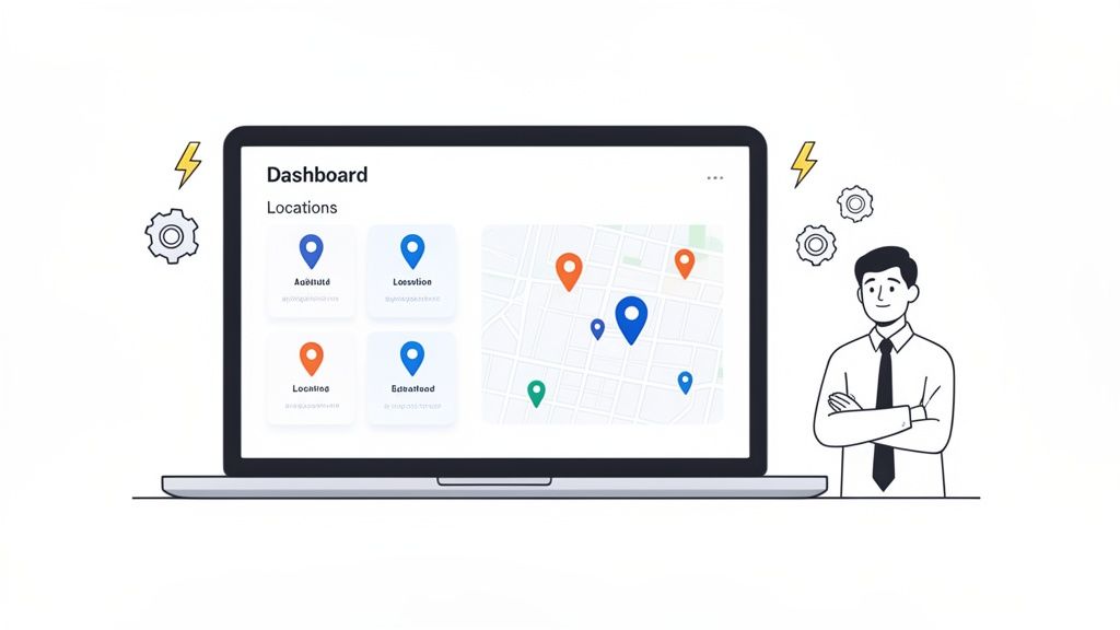 A laptop displays a location dashboard with a map and pins, alongside a cartoon businessman.