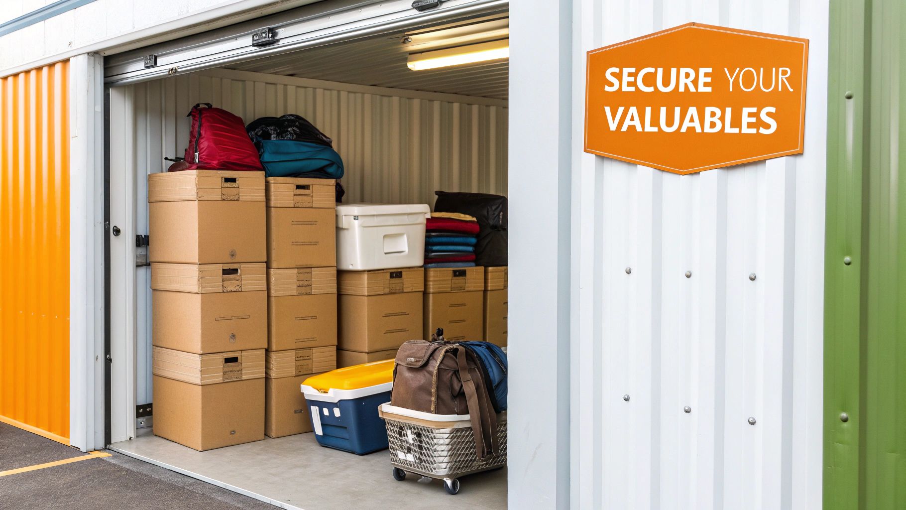 People organising items in a well-lit storage unit.