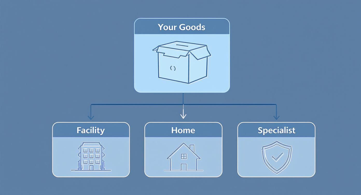 Diagram illustrating options for storing 'Your Goods' in a facility, home, or with a specialist.
