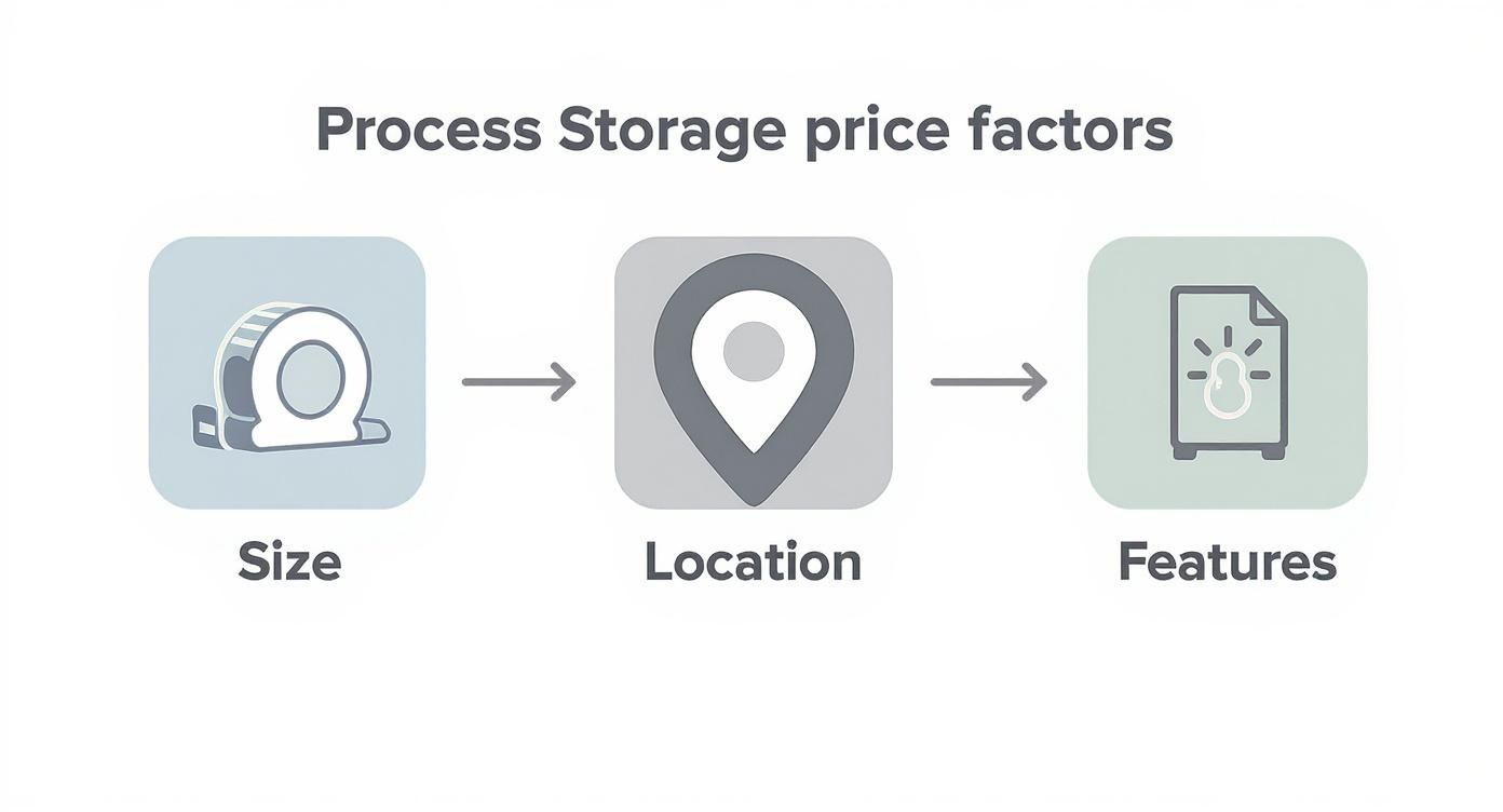Infographic illustrating process storage unit price factors including size, location, and available features.