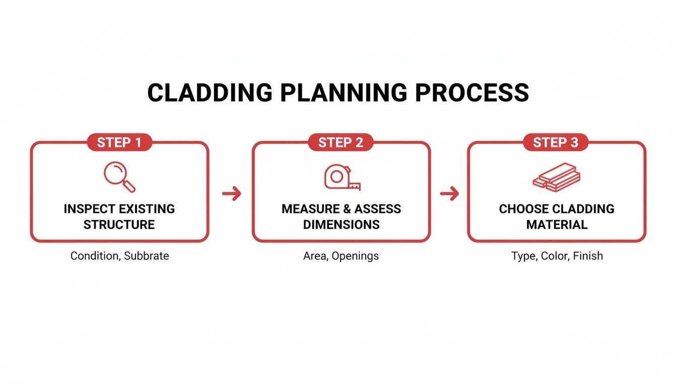 Infographic showing the three steps of cladding planning: inspecting structure, measuring dimensions, and choosing material.