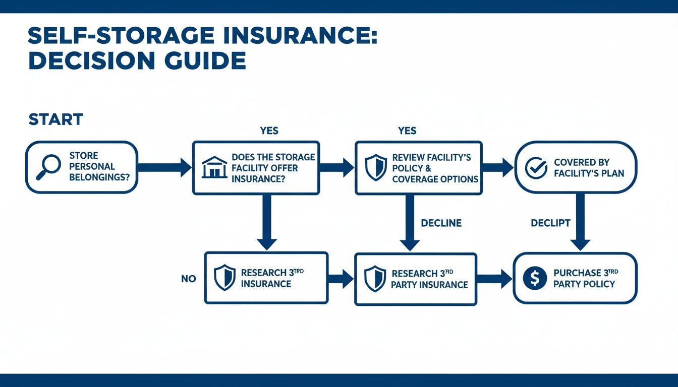 A flowchart decision guide for self-storage insurance, covering facility plans and third-party options.