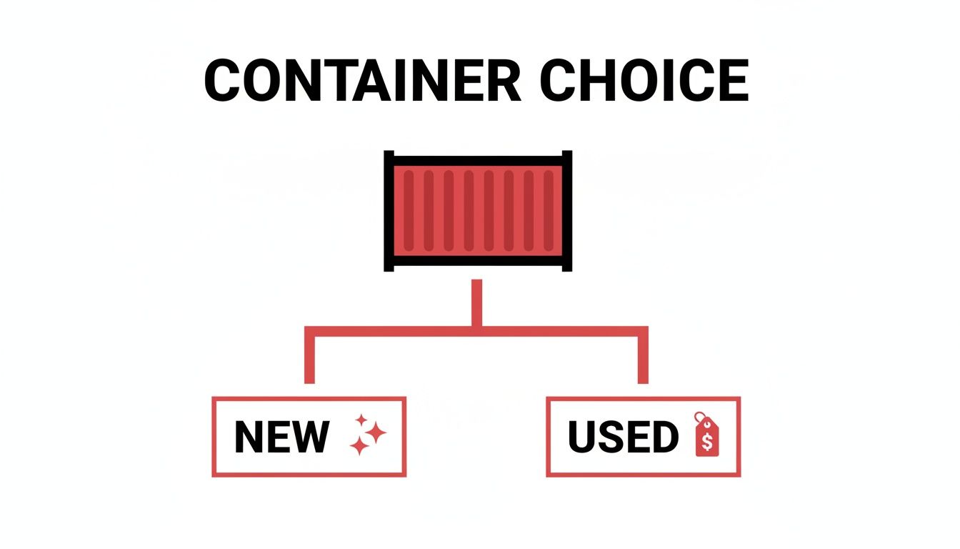 Flowchart illustrating container purchase options: new with sparkles or used with a price tag.