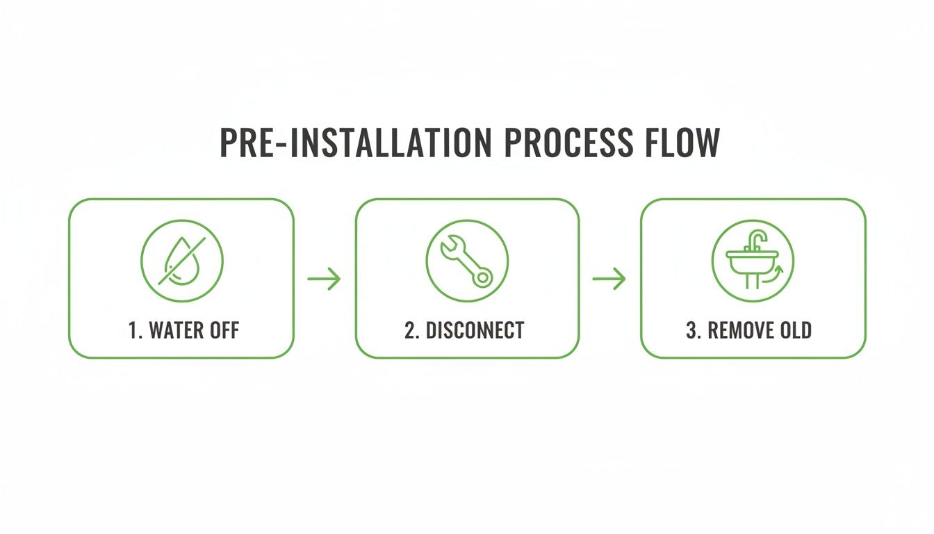 Diagram showing pre-installation steps for a sink: turn water off, disconnect plumbing, and remove old fixture.