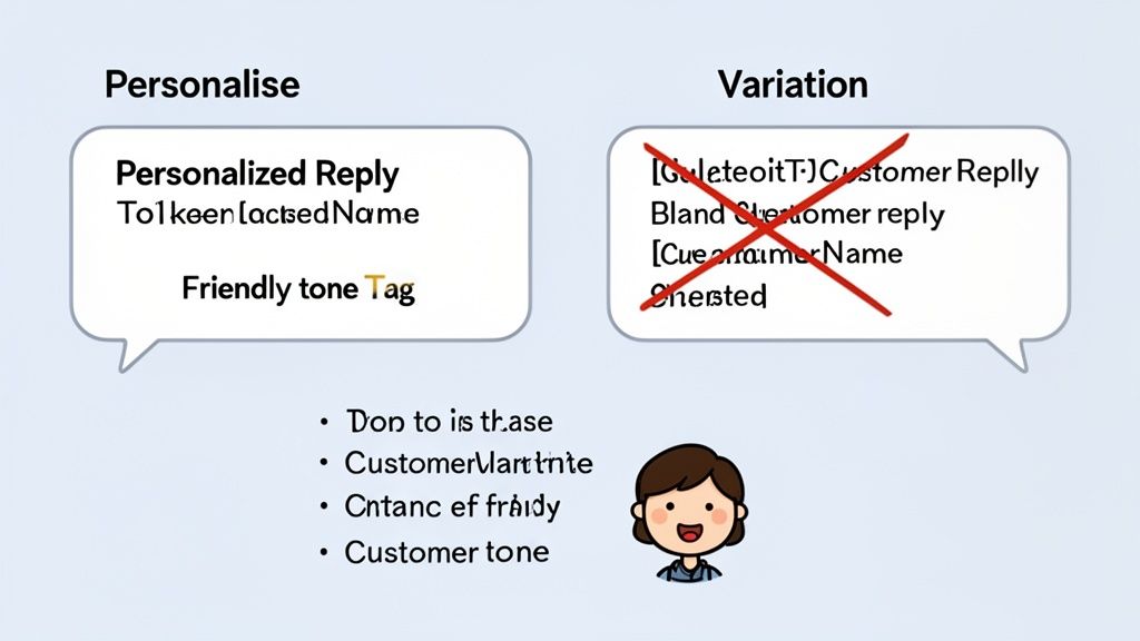 Diagram comparing personalized replies with friendly tones against bland, generic customer reply variations. A happy cartoon person is also shown.