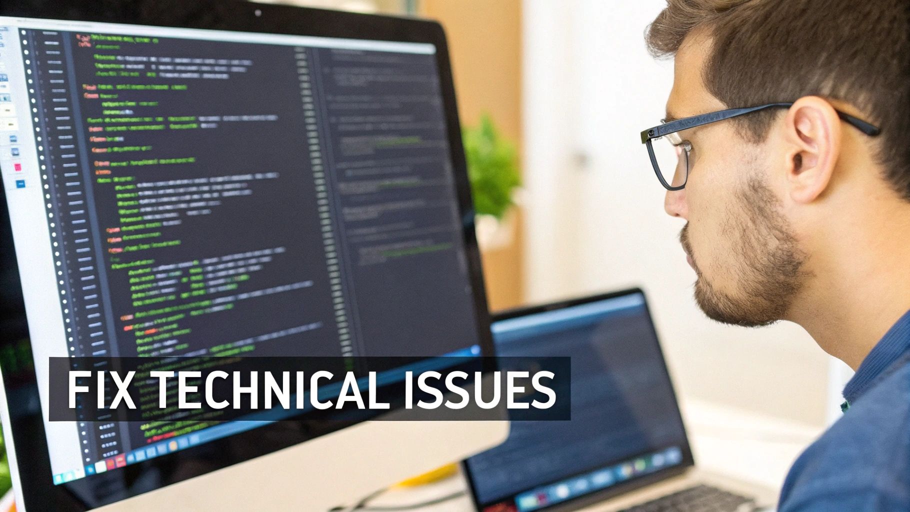 A focused man wearing glasses looks at a computer screen showing lines of code to fix technical issues.