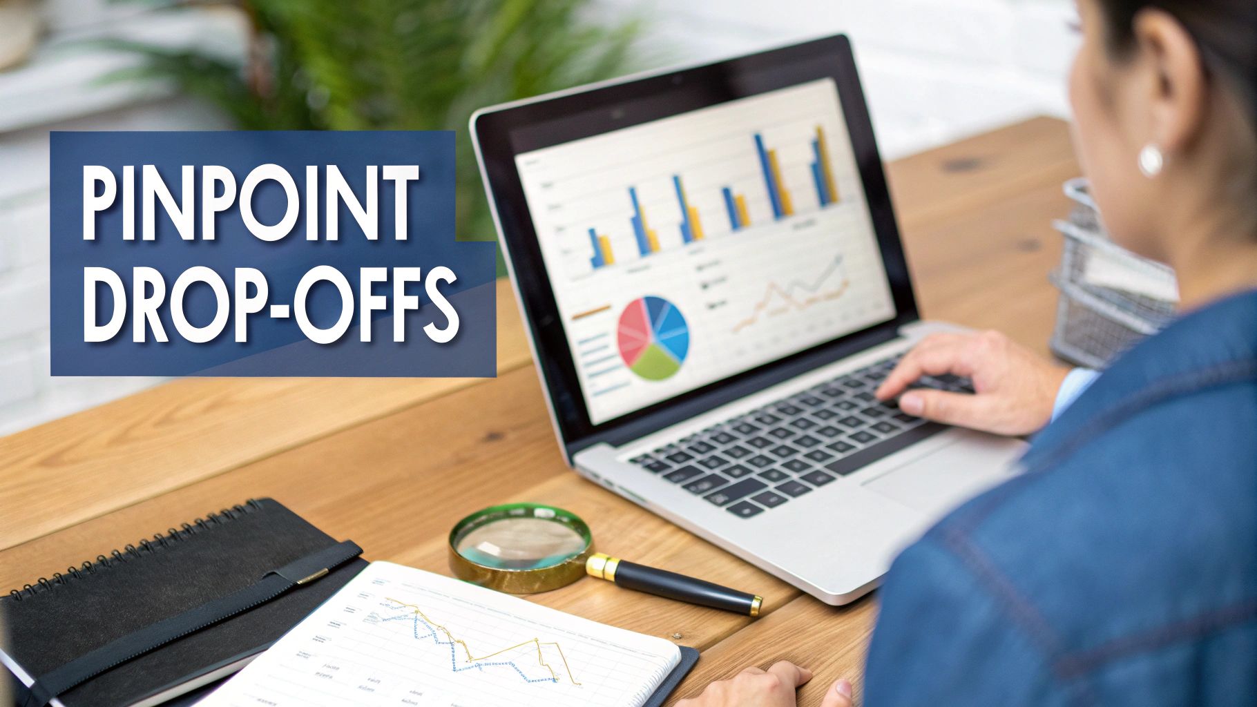 Business professional analyzing drop-off data with charts and graphs on laptop screen
